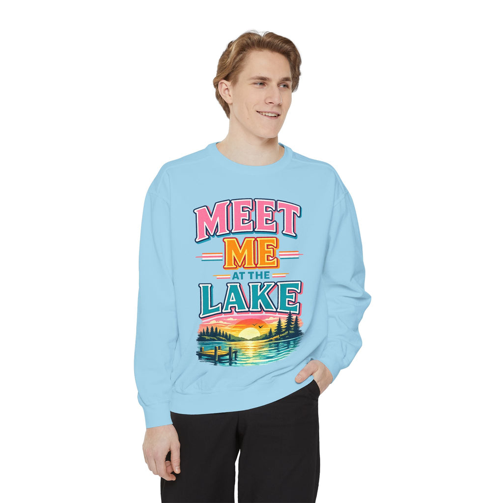 Meet Me at the Lake Sweatshirt — Cozy Retro Sunset Lake Crewneck