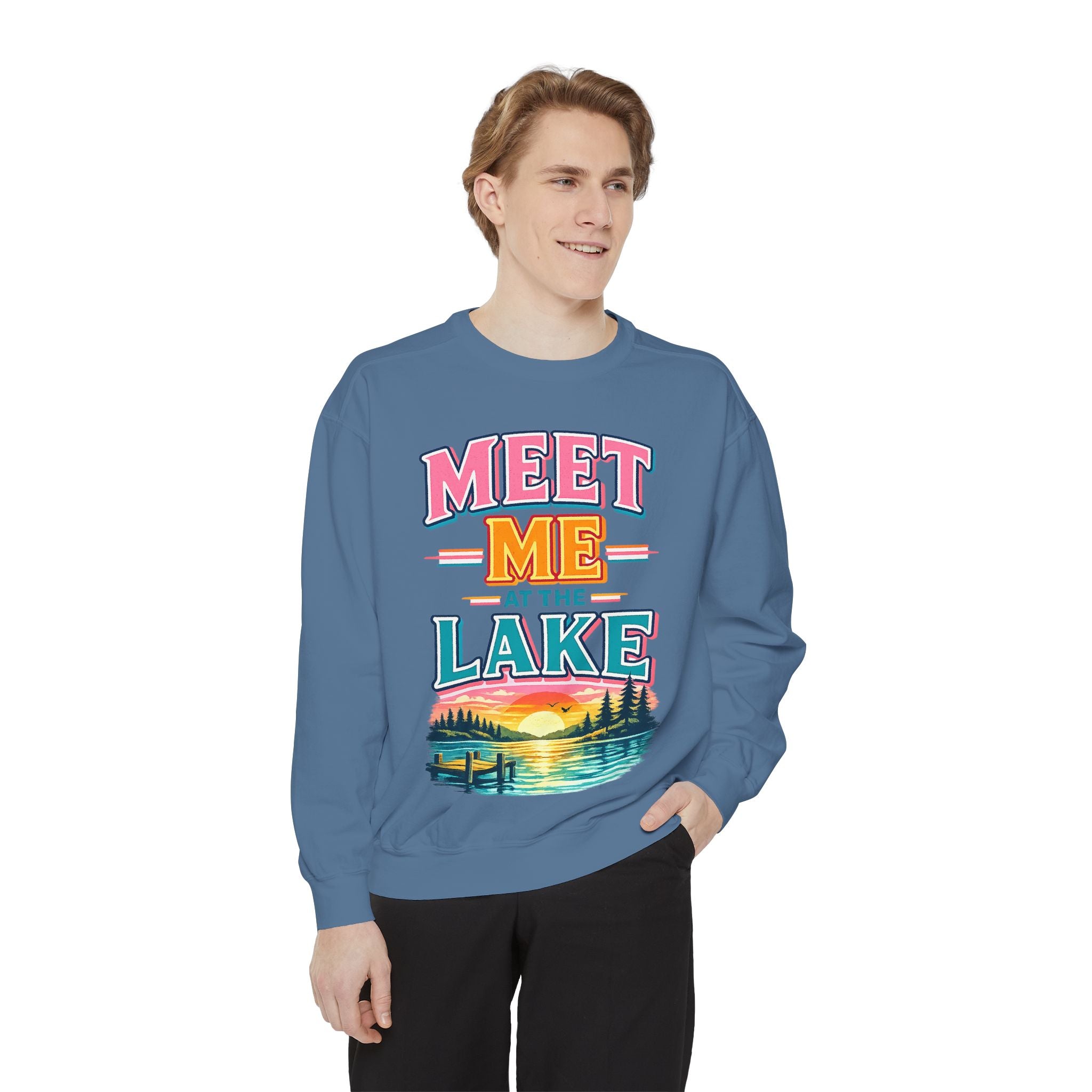 Meet Me at the Lake Sweatshirt — Cozy Retro Sunset Lake Crewneck