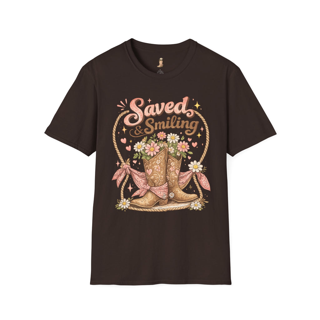 T-Shirt — "Saved & Smiling" Floral Cowboy Boots Christian Graphic Tee