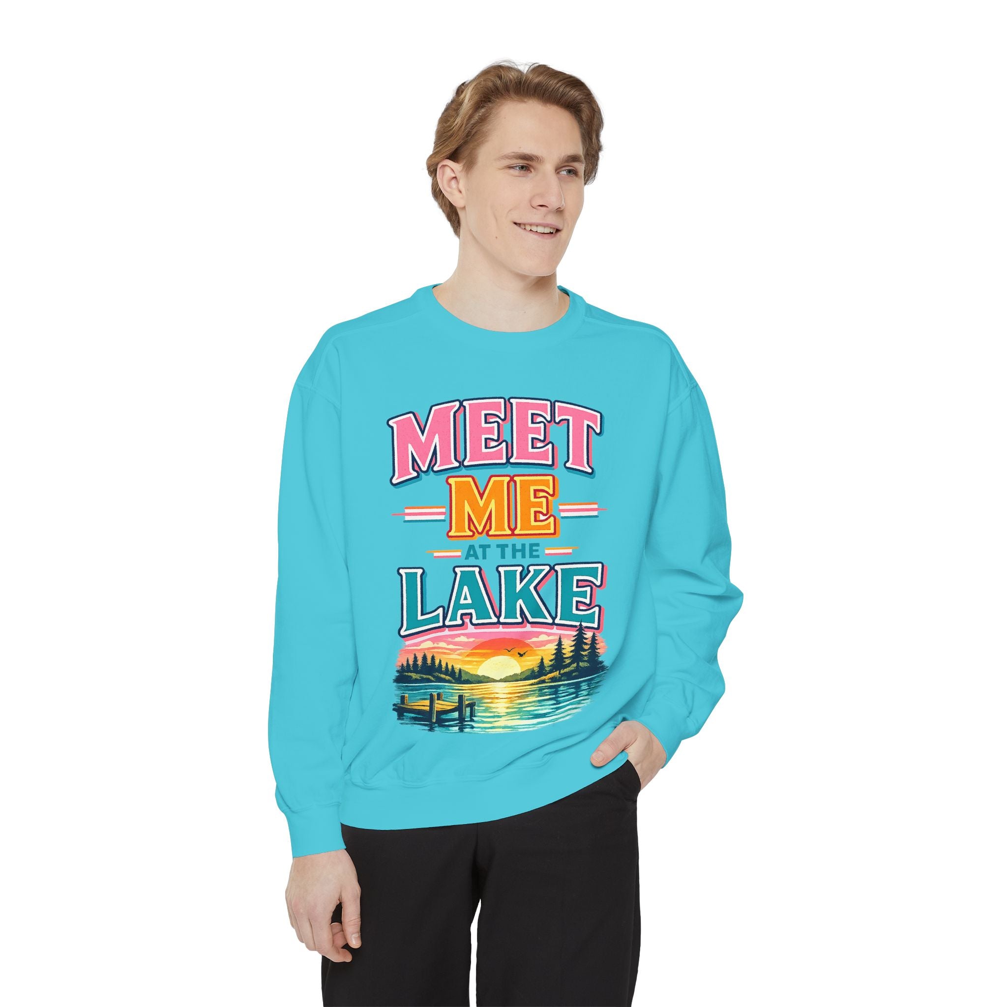 Meet Me at the Lake Sweatshirt — Cozy Retro Sunset Lake Crewneck