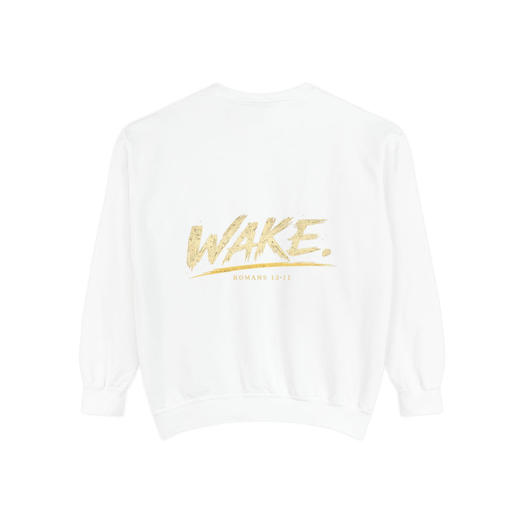 Christian Sweatshirt — “Don’t Be Alarmed, I’m Right Beside You” Inspirational Crewneck (Wake Back Print)