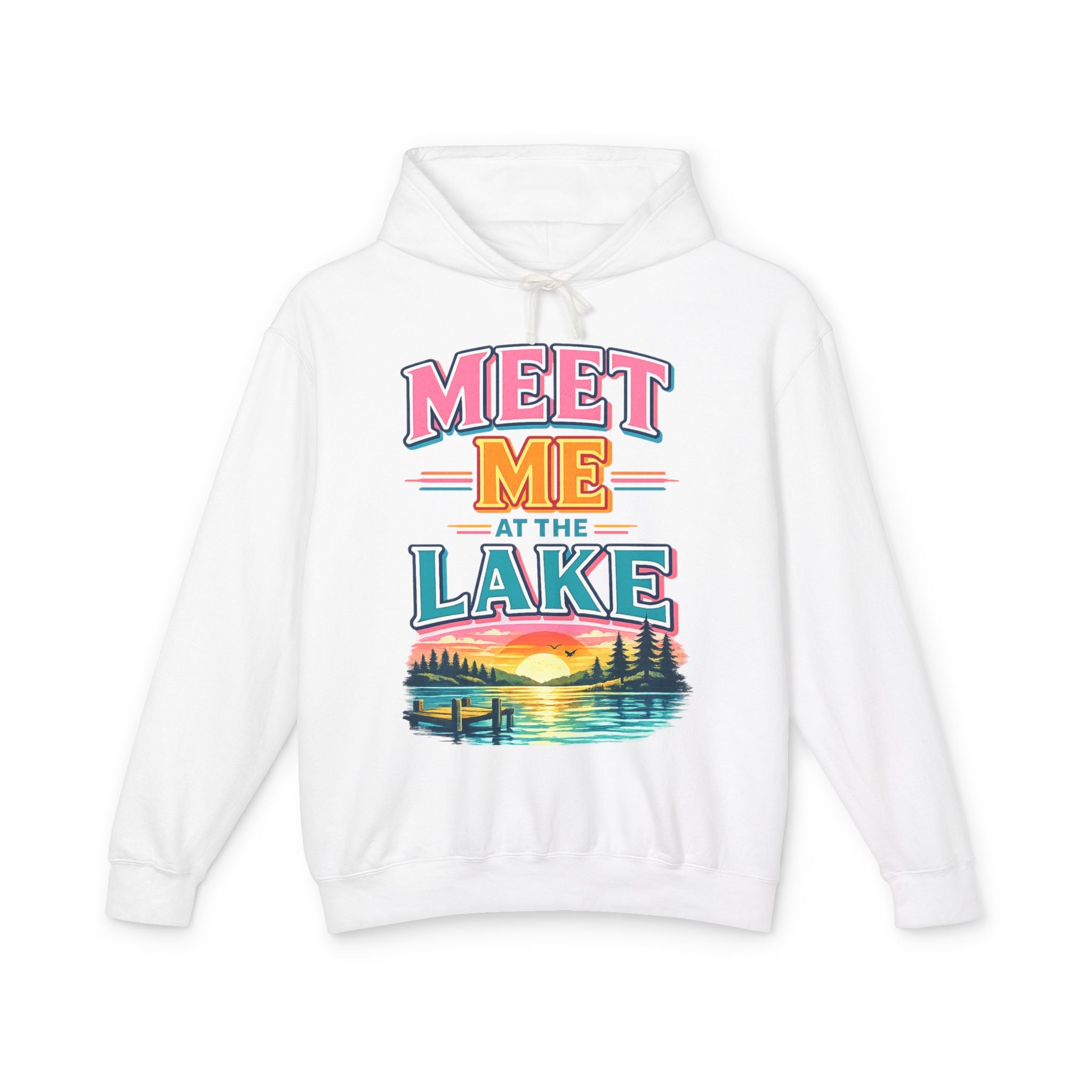 Meet Me at the Lake Hoodie – Vintage Lakeside Sunset Graphic Hoodie