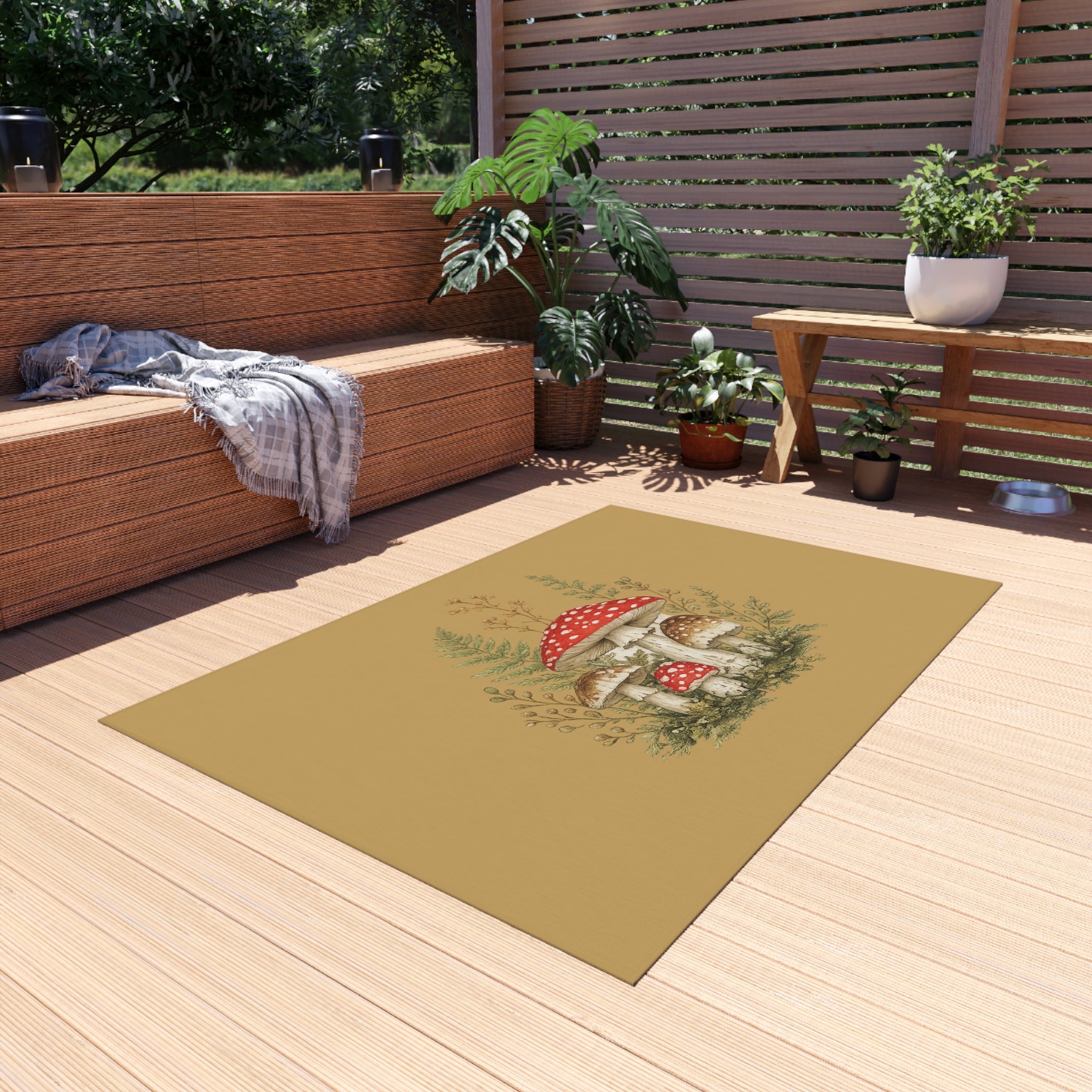 Mushroom Garden Outdoor Rug — Woodland Doormat for Patio & Entryway