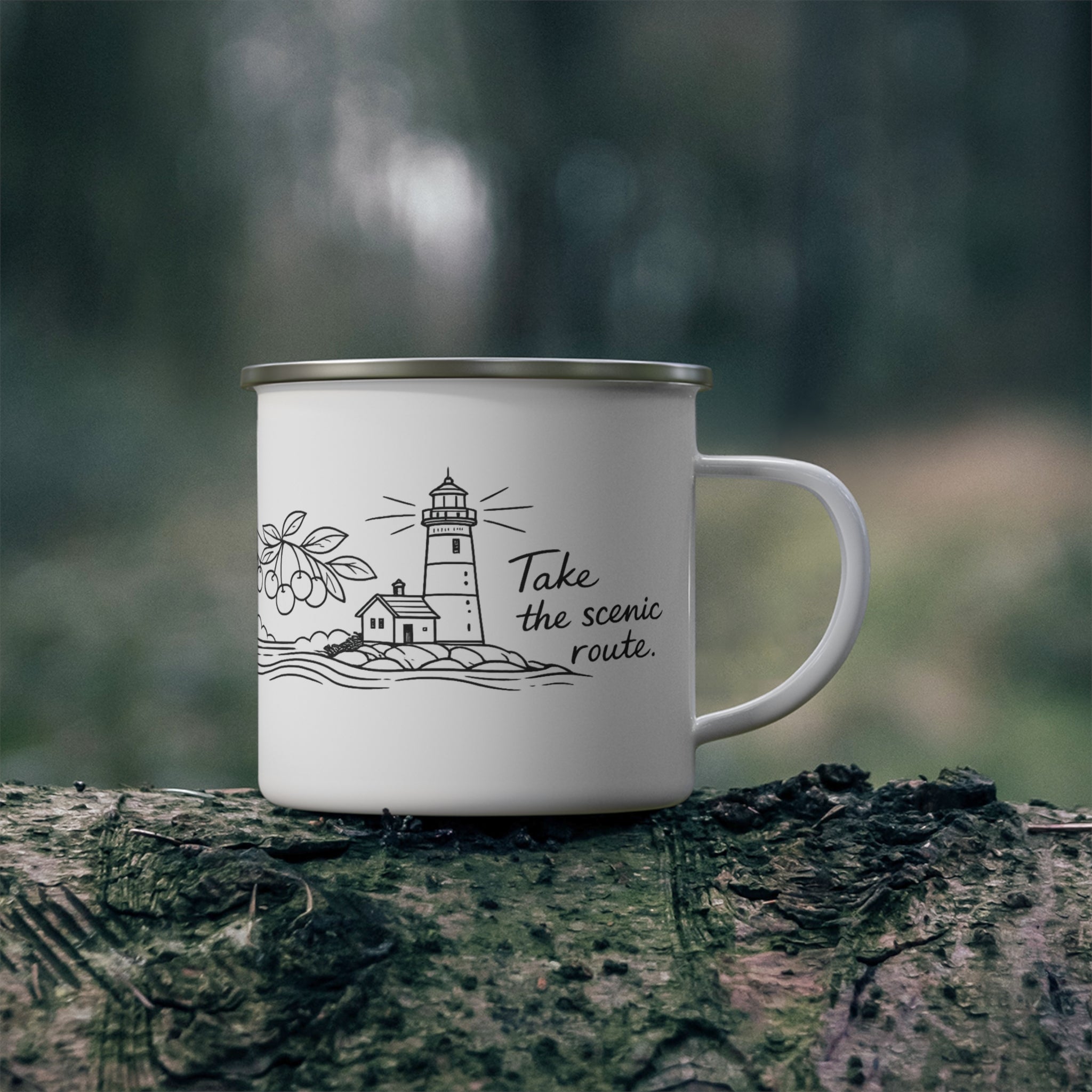 Enamel Camping Mug — 'Take the Scenic Route' Lighthouse Travel Coffee Cup