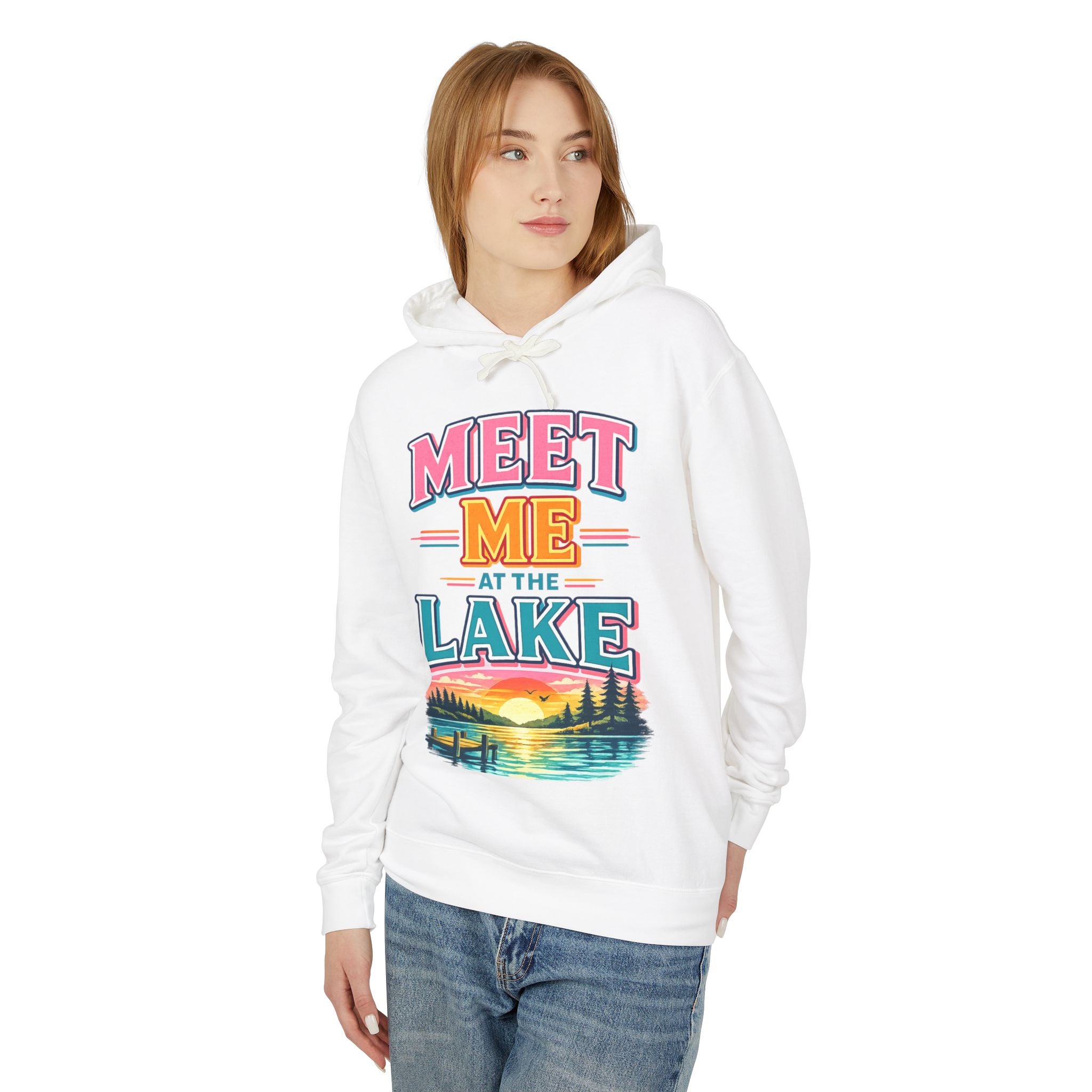 Meet Me at the Lake Hoodie – Vintage Lakeside Sunset Graphic Hoodie
