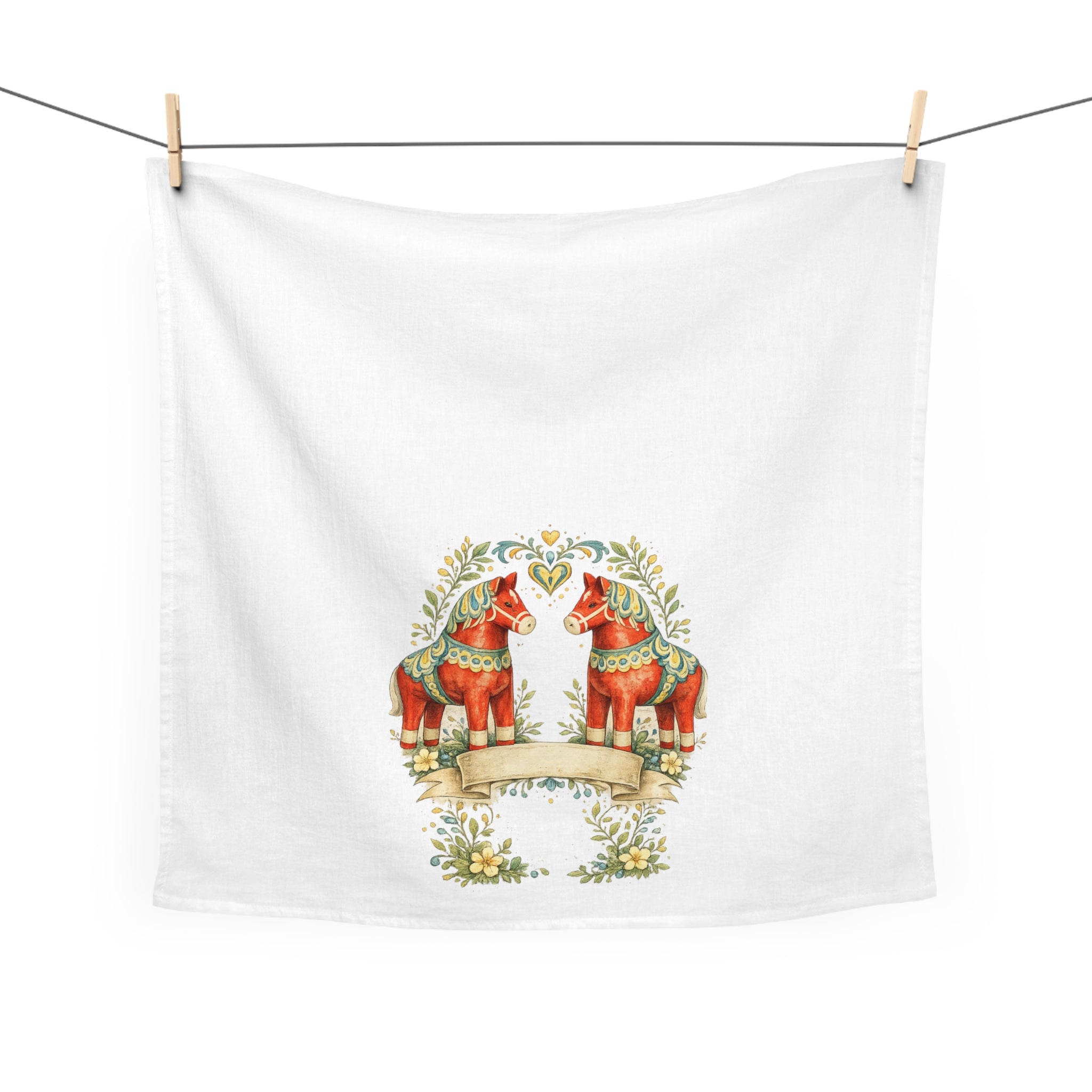 Scandinavian Dala Horse Tea Towel – Rustic Folk Art Kitchen Linen