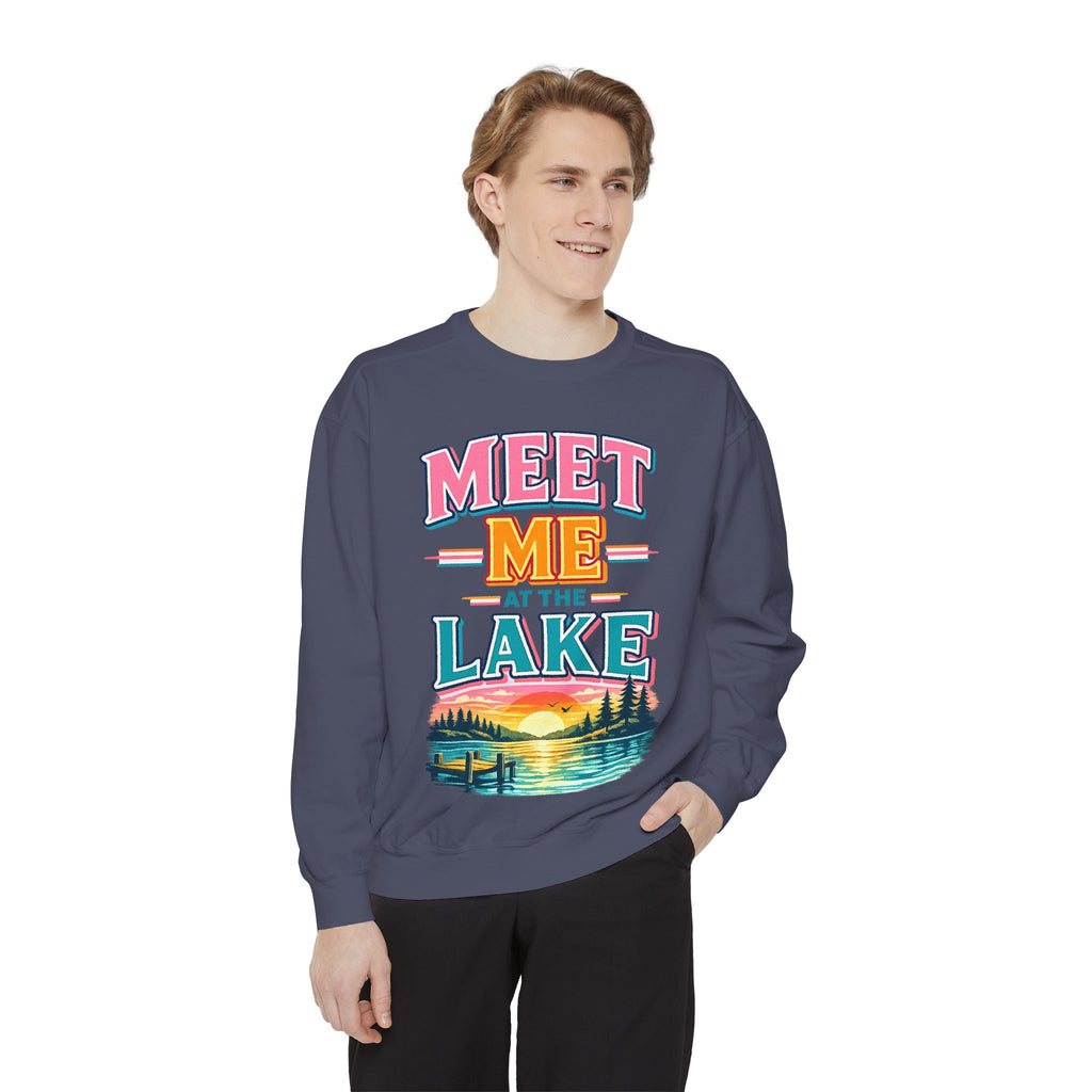 Meet Me at the Lake Sweatshirt — Cozy Retro Sunset Lake Crewneck