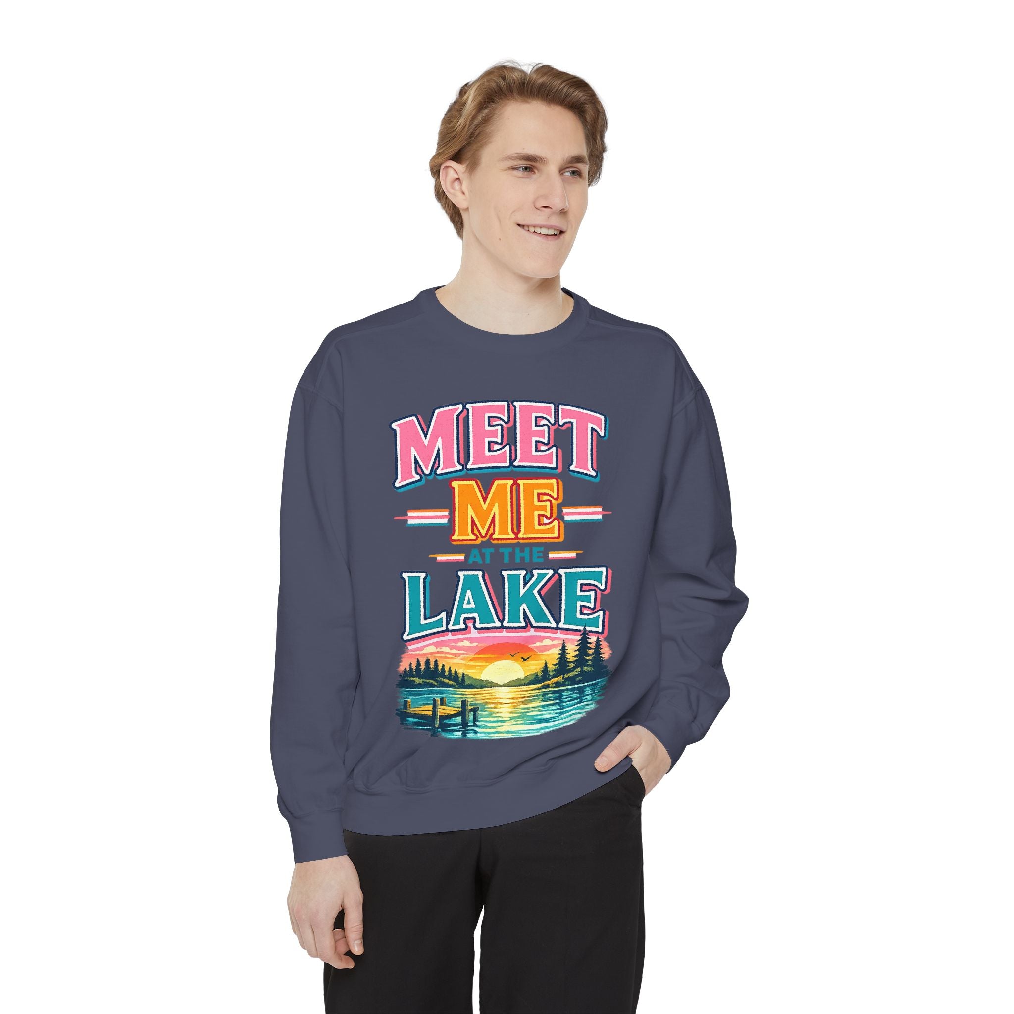 Meet Me at the Lake Sweatshirt — Cozy Retro Sunset Lake Crewneck