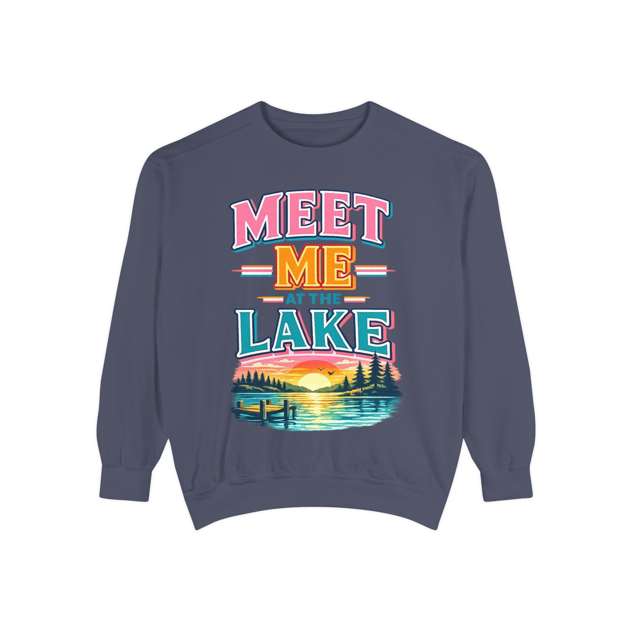 Meet Me at the Lake Sweatshirt — Cozy Retro Sunset Lake Crewneck