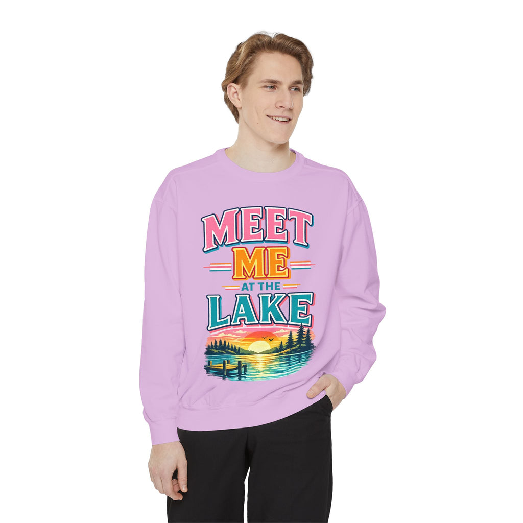 Meet Me at the Lake Sweatshirt — Cozy Retro Sunset Lake Crewneck