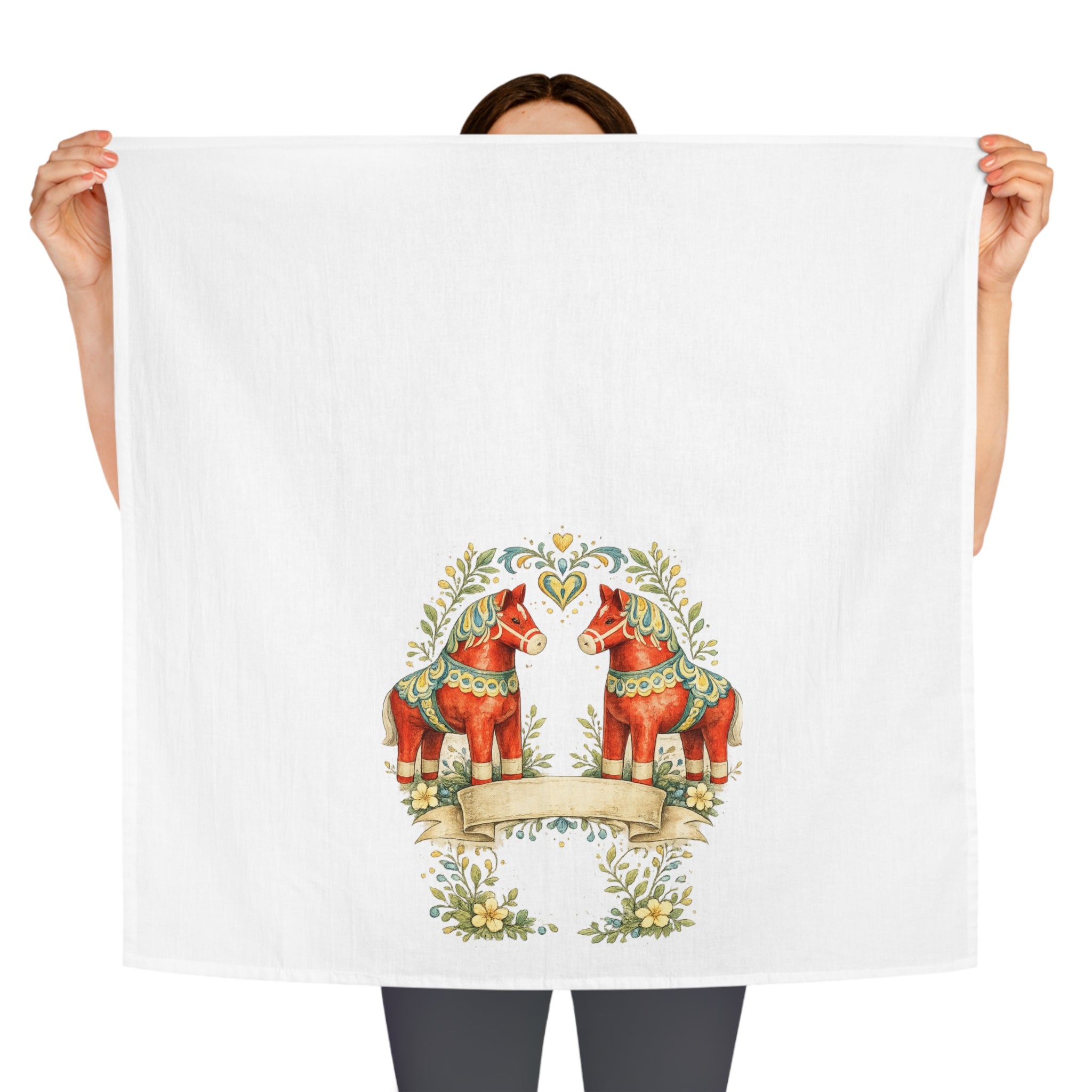 Scandinavian Dala Horse Tea Towel – Rustic Folk Art Kitchen Linen