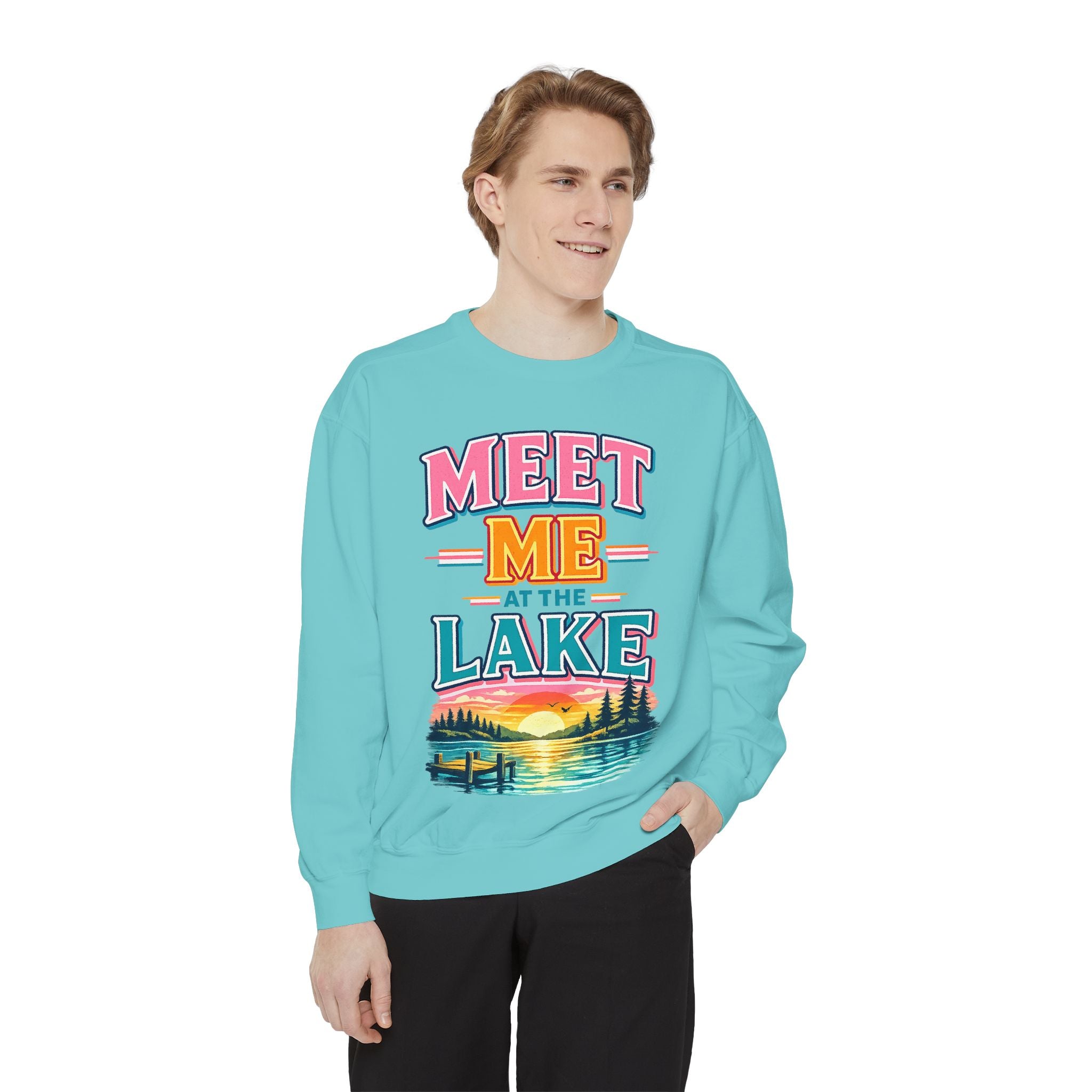 Meet Me at the Lake Sweatshirt — Cozy Retro Sunset Lake Crewneck