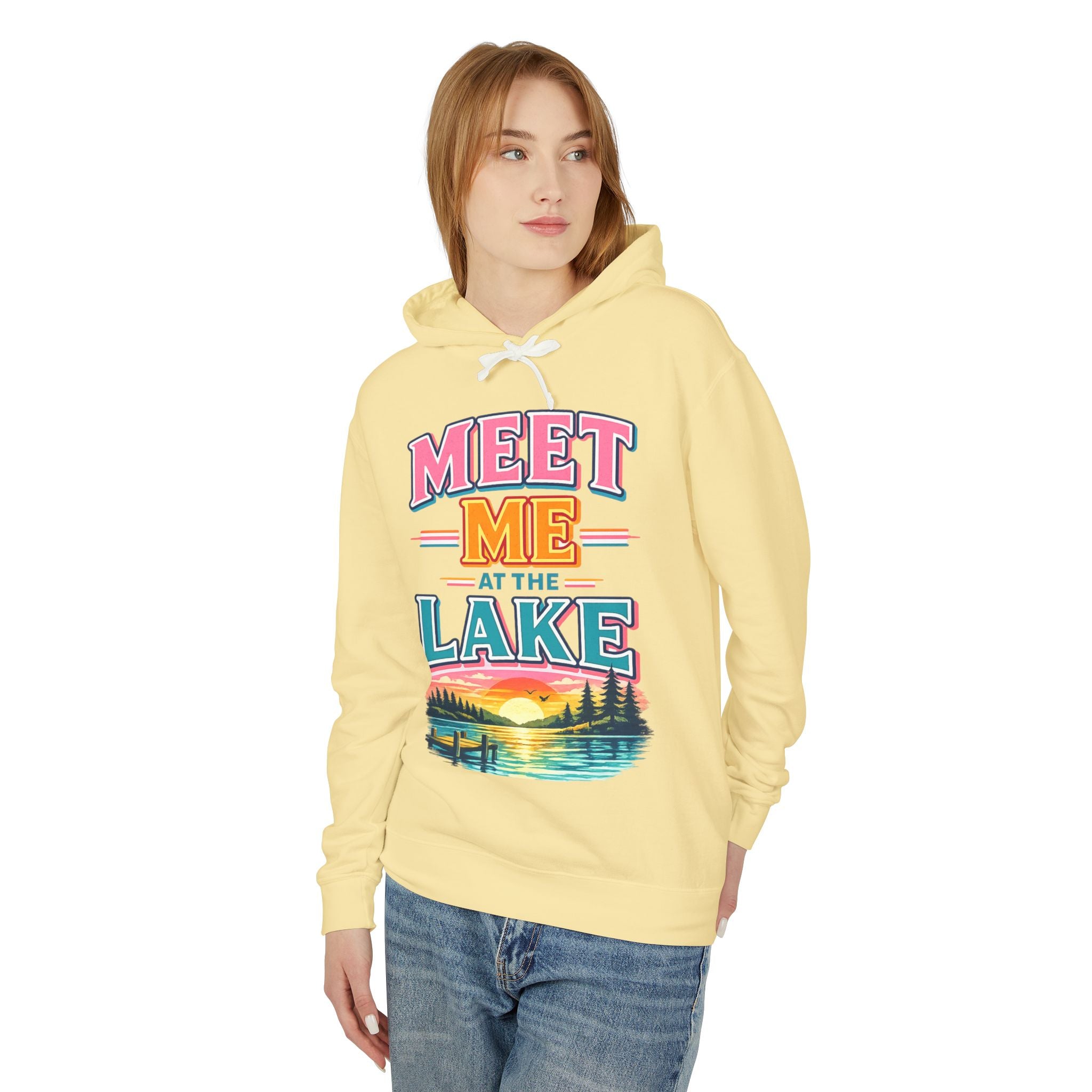 Meet Me at the Lake Hoodie – Vintage Lakeside Sunset Graphic Hoodie