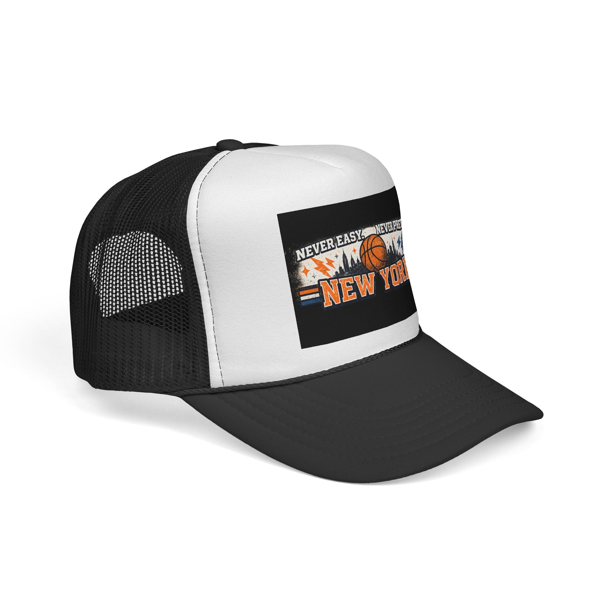 New York Basketball Trucker Cap — "Never Easy, Never Pretty" Vintage Sports Hat