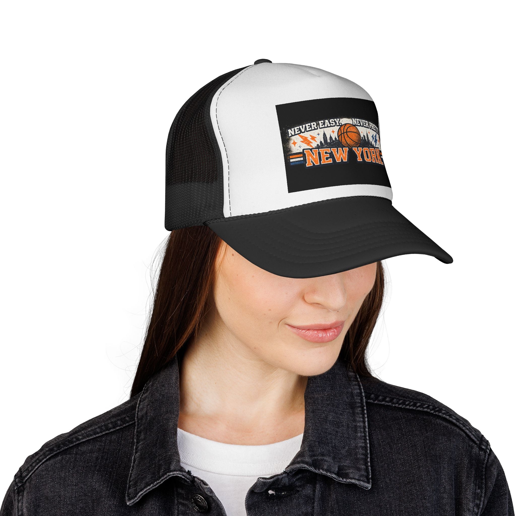 New York Basketball Trucker Cap — "Never Easy, Never Pretty" Vintage Sports Hat