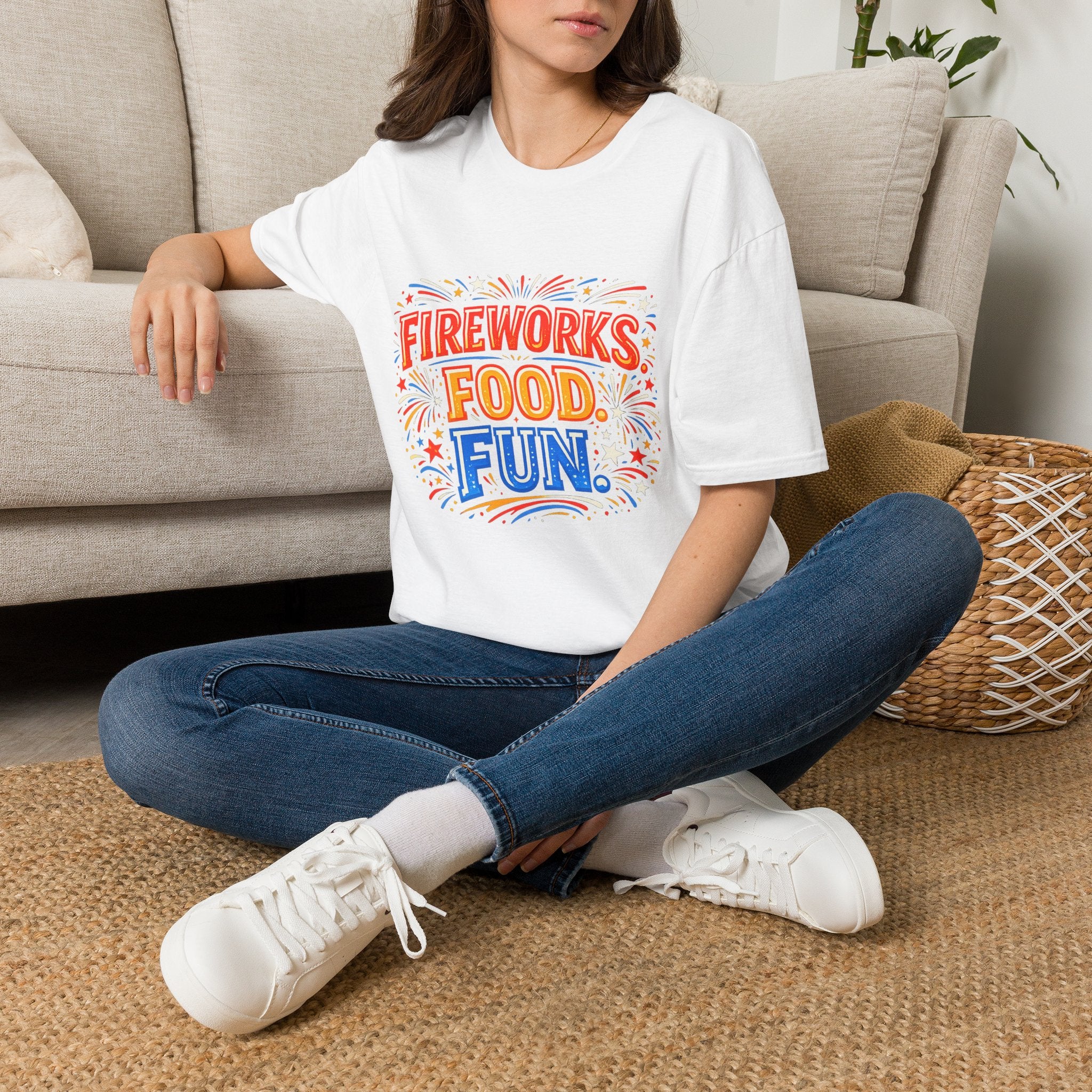Fireworks, Food & Fun T-Shirt — 4th of July Celebration Tee
