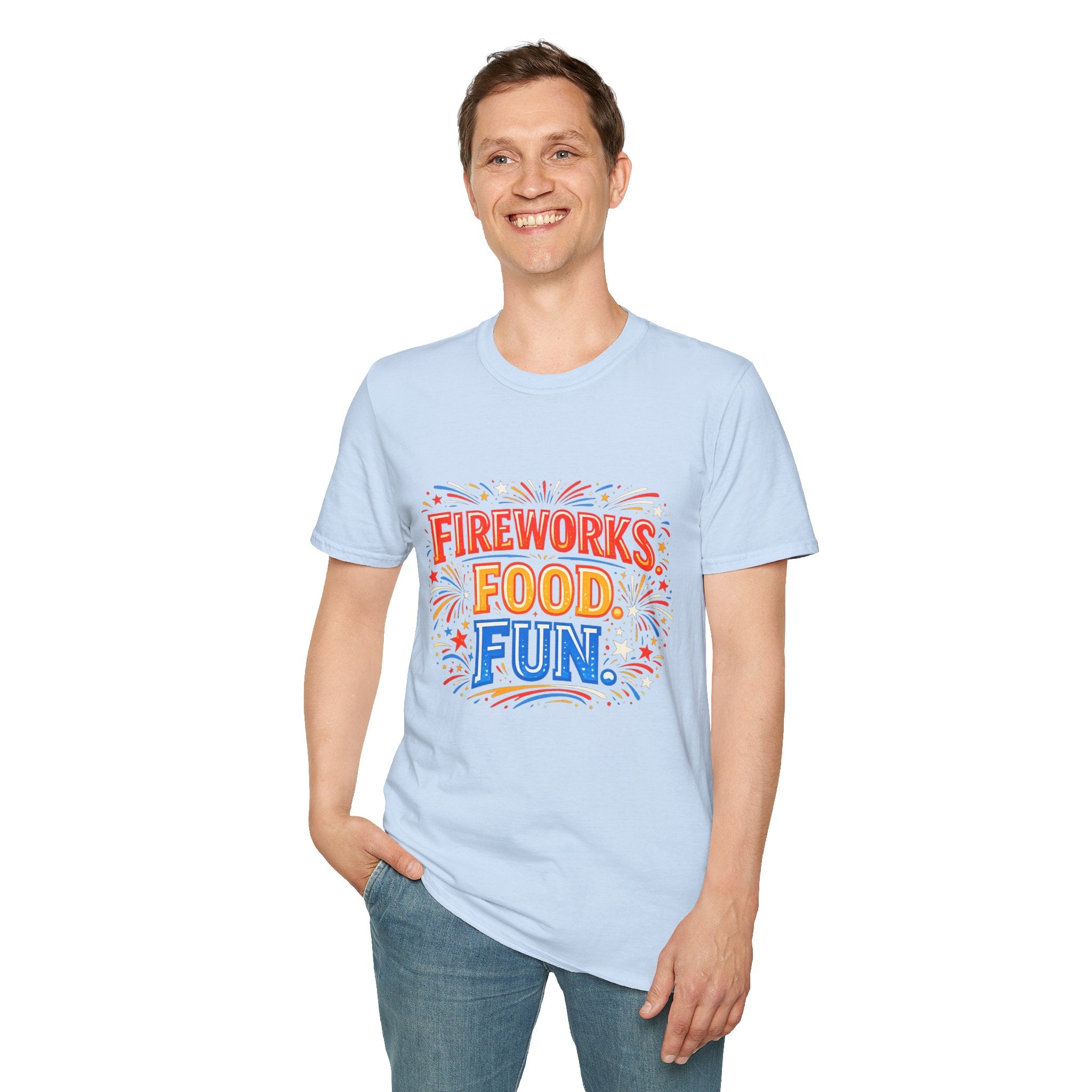 Fireworks, Food & Fun T-Shirt — 4th of July Celebration Tee