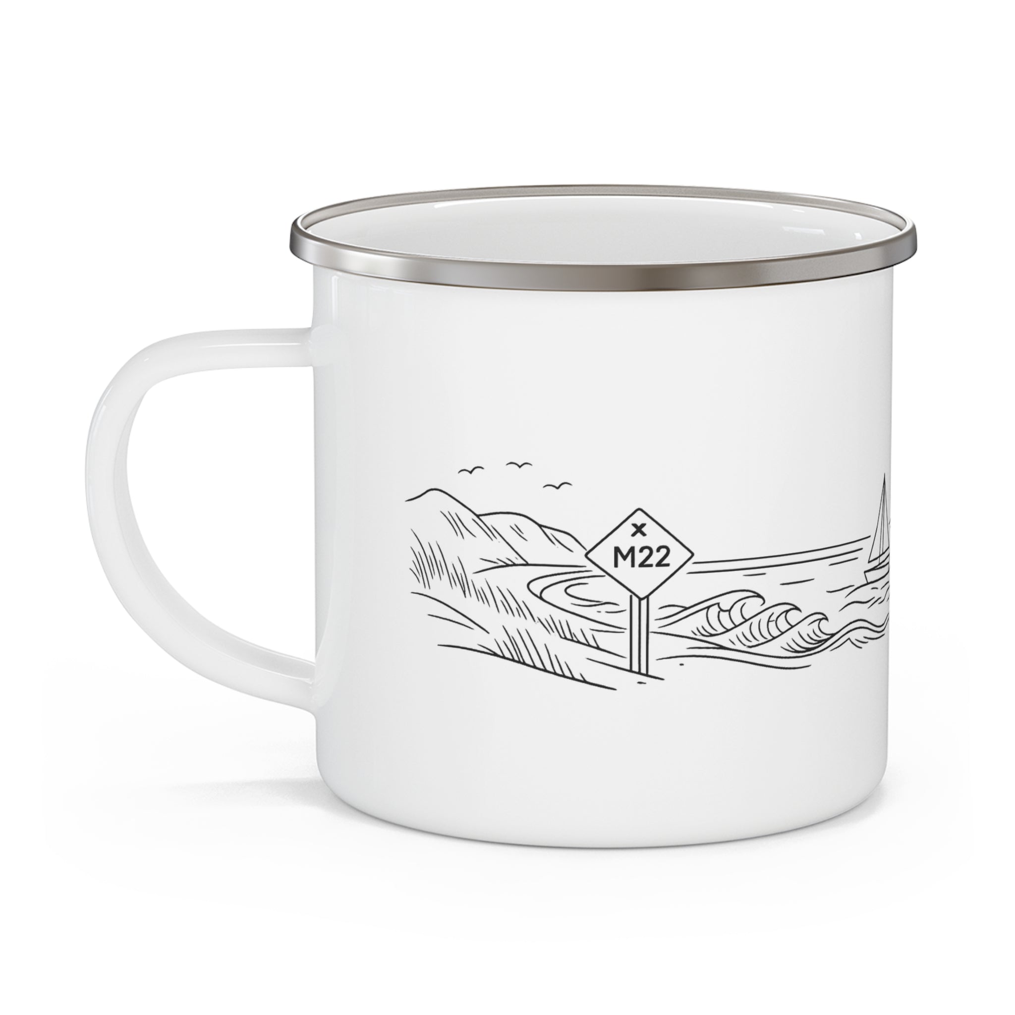 Enamel Camping Mug — 'Take the Scenic Route' Lighthouse Travel Coffee Cup