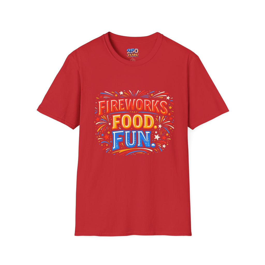 Fireworks, Food & Fun T-Shirt — 4th of July Celebration Tee
