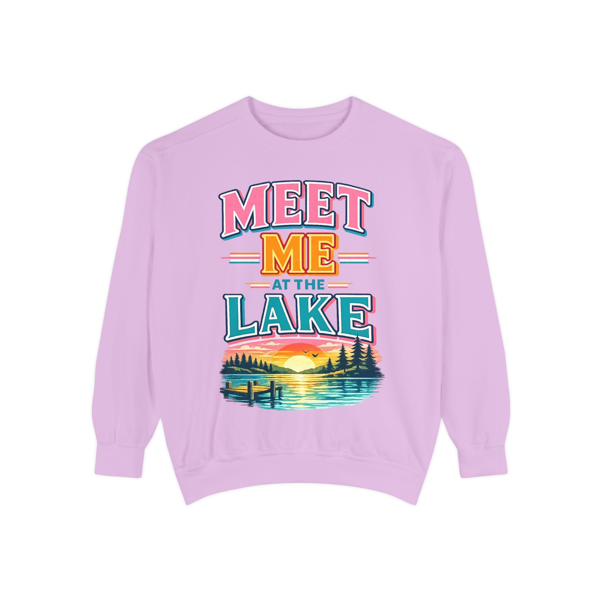 Meet Me at the Lake Sweatshirt — Cozy Retro Sunset Lake Crewneck