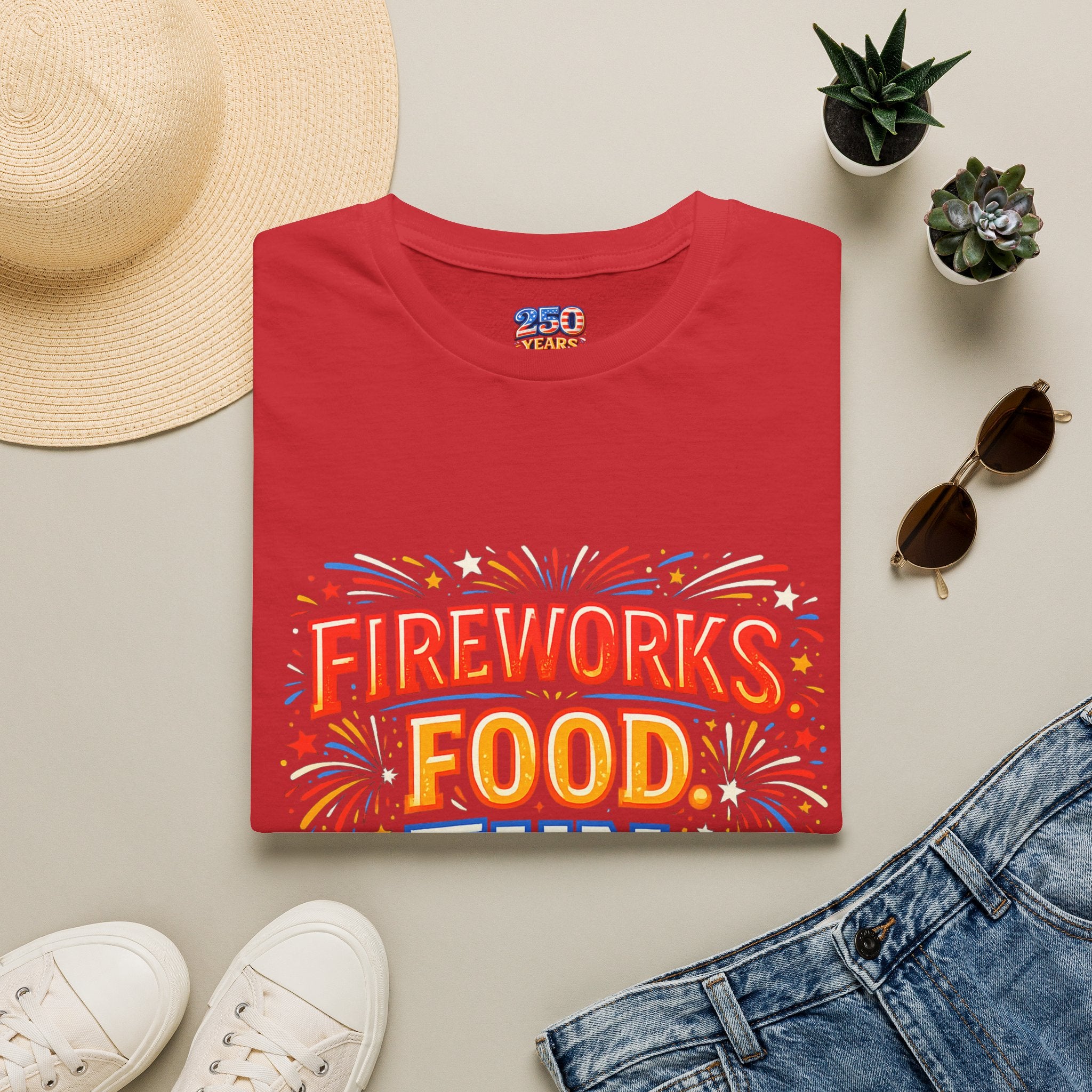 Fireworks, Food & Fun T-Shirt — 4th of July Celebration Tee