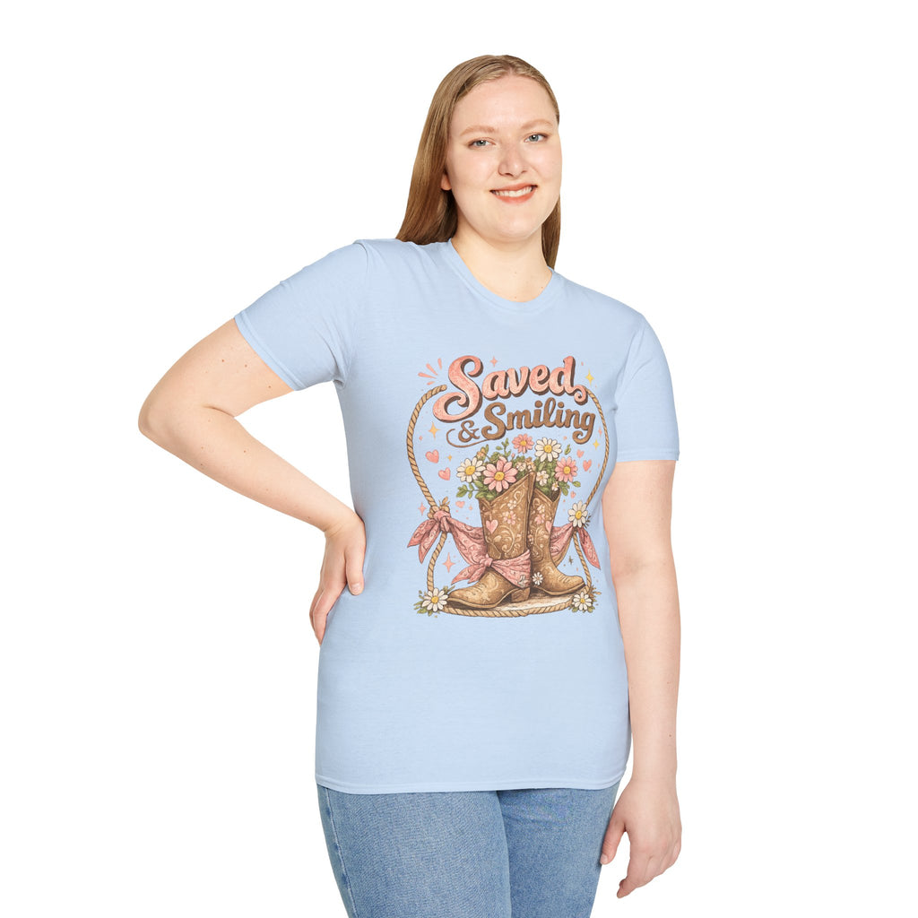 T-Shirt — "Saved & Smiling" Floral Cowboy Boots Christian Graphic Tee