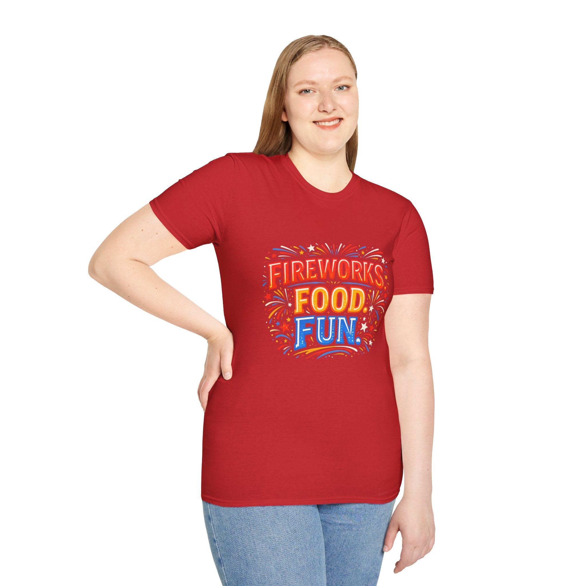 Fireworks, Food & Fun T-Shirt — 4th of July Celebration Tee