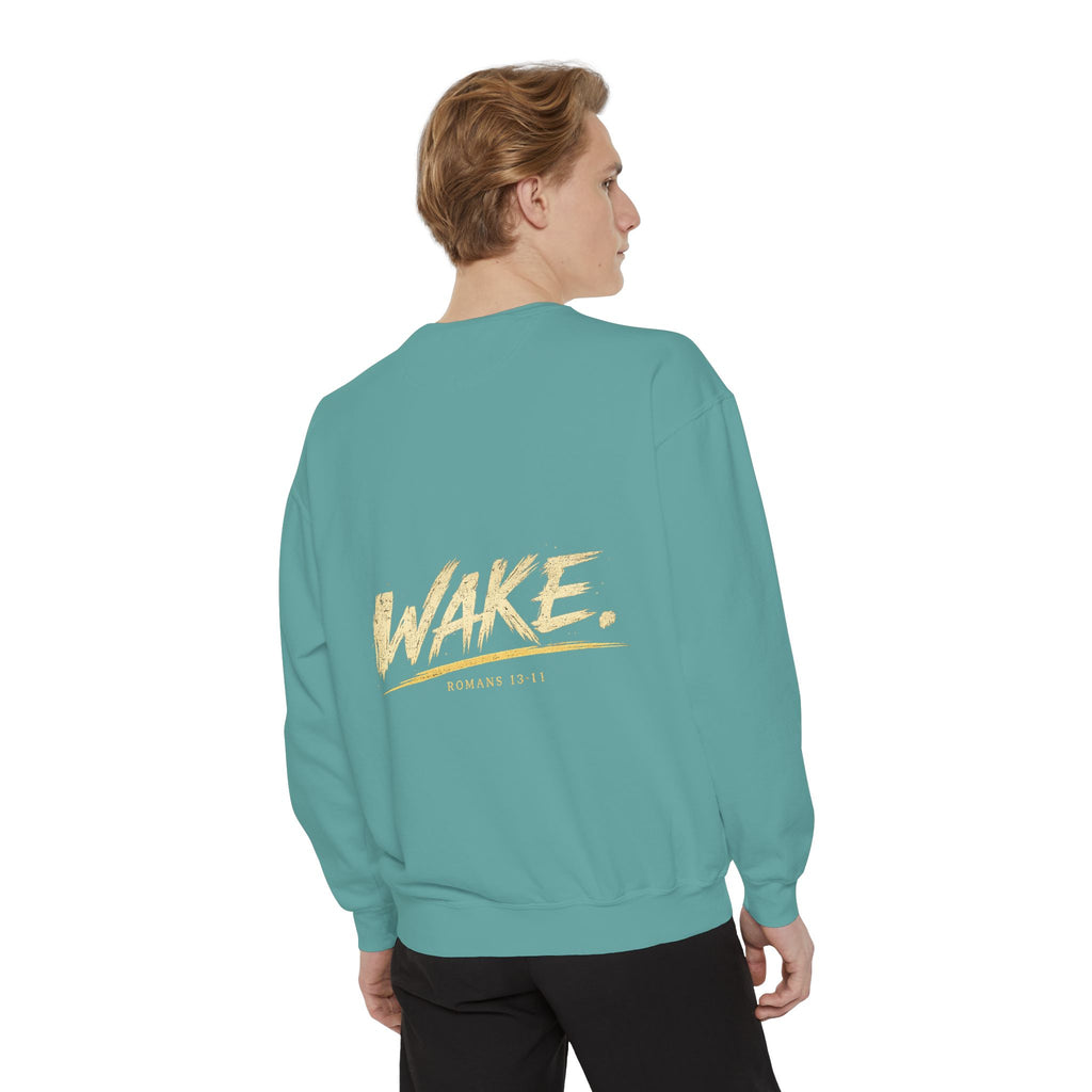 Christian Sweatshirt — “Don’t Be Alarmed, I’m Right Beside You” Inspirational Crewneck (Wake Back Print)