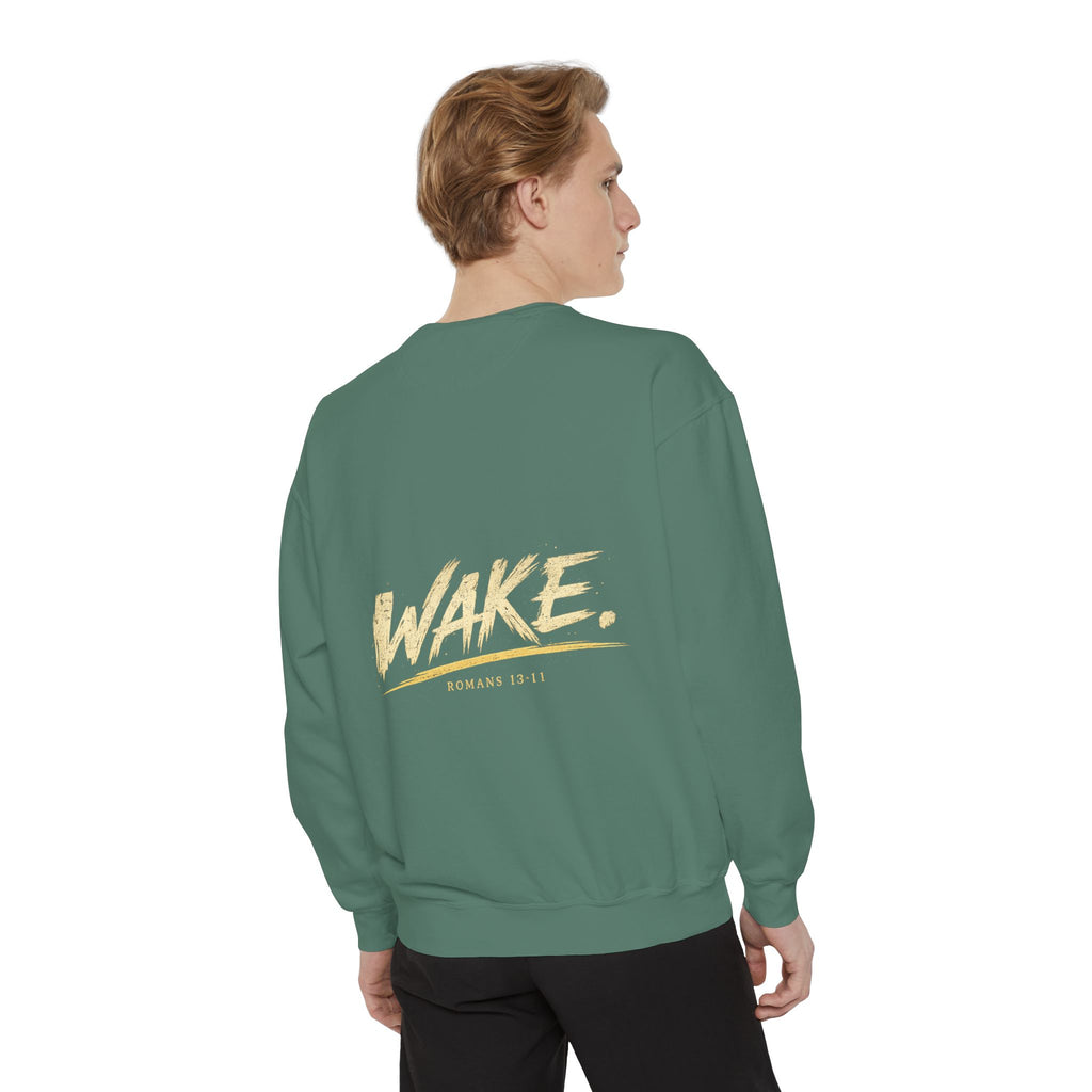 Christian Sweatshirt — “Don’t Be Alarmed, I’m Right Beside You” Inspirational Crewneck (Wake Back Print)
