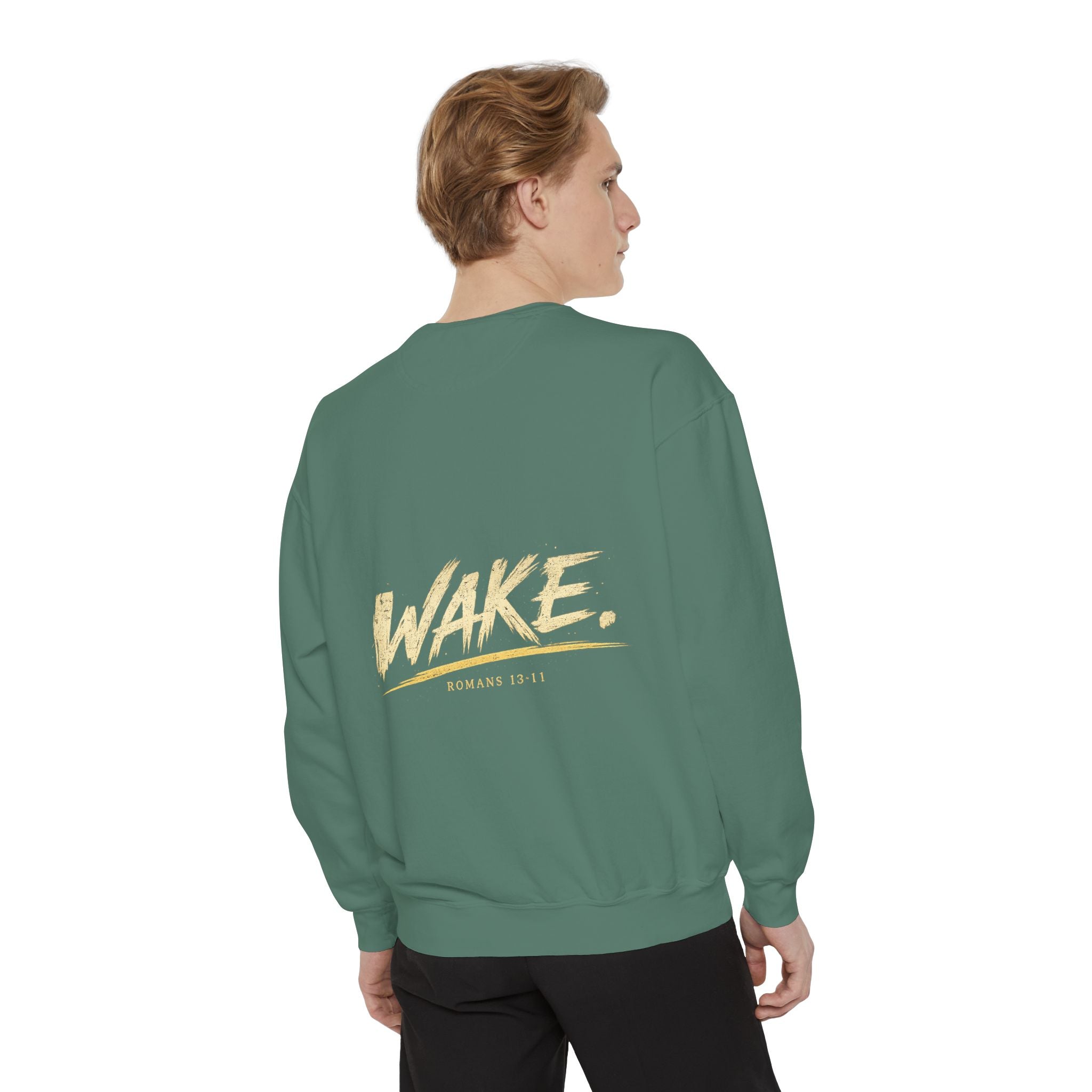 Christian Sweatshirt — “Don’t Be Alarmed, I’m Right Beside You” Inspirational Crewneck (Wake Back Print)