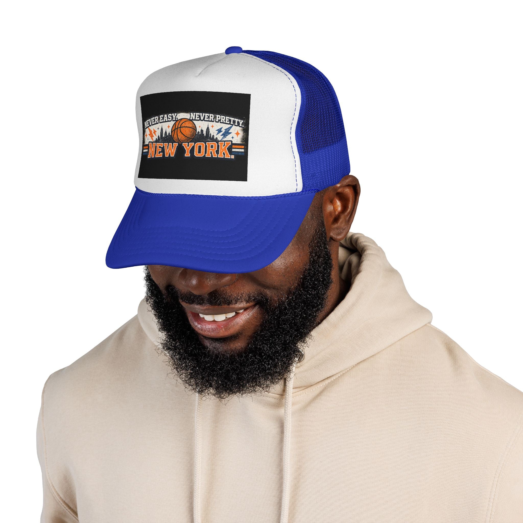 New York Basketball Trucker Cap — "Never Easy, Never Pretty" Vintage Sports Hat