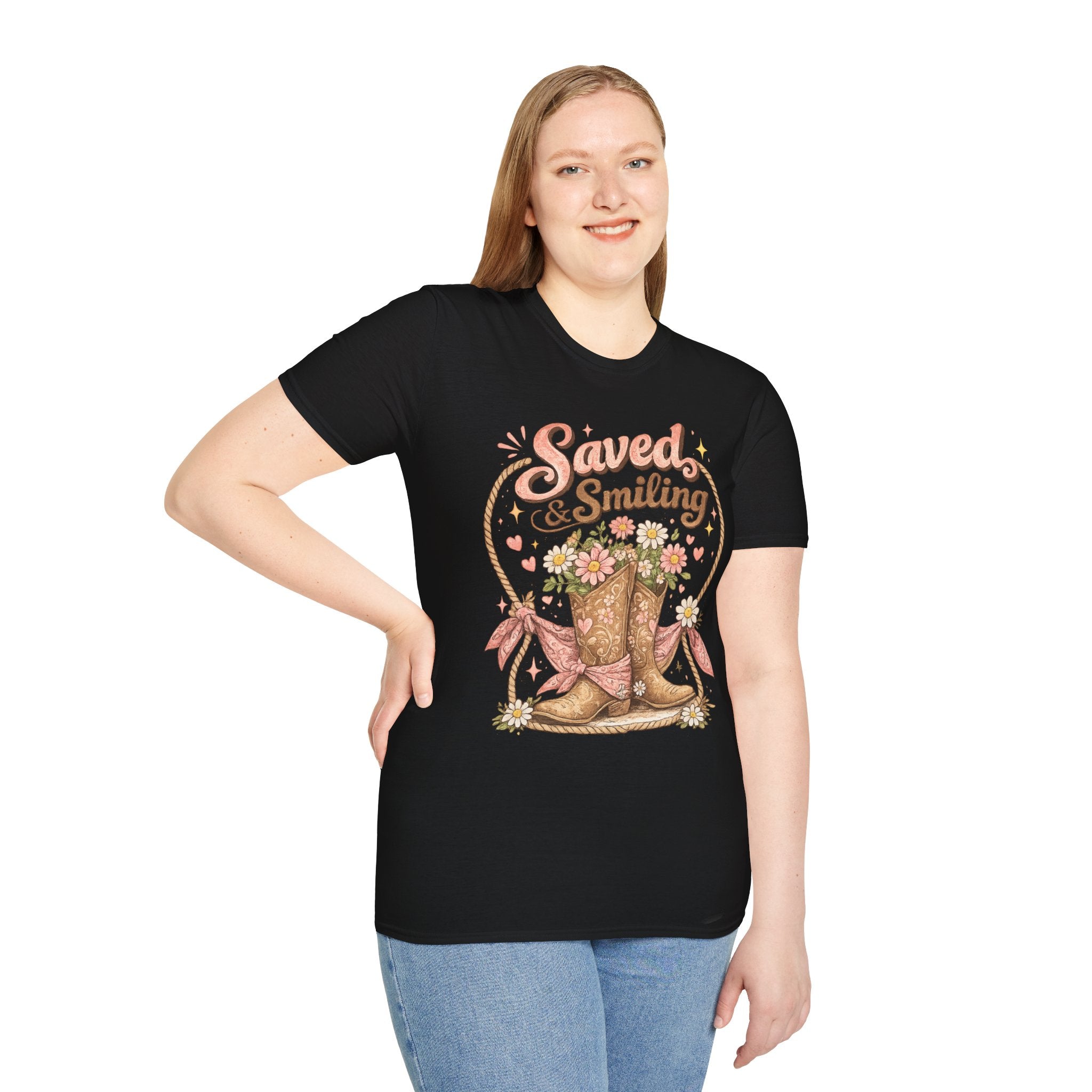T-Shirt — "Saved & Smiling" Floral Cowboy Boots Christian Graphic Tee