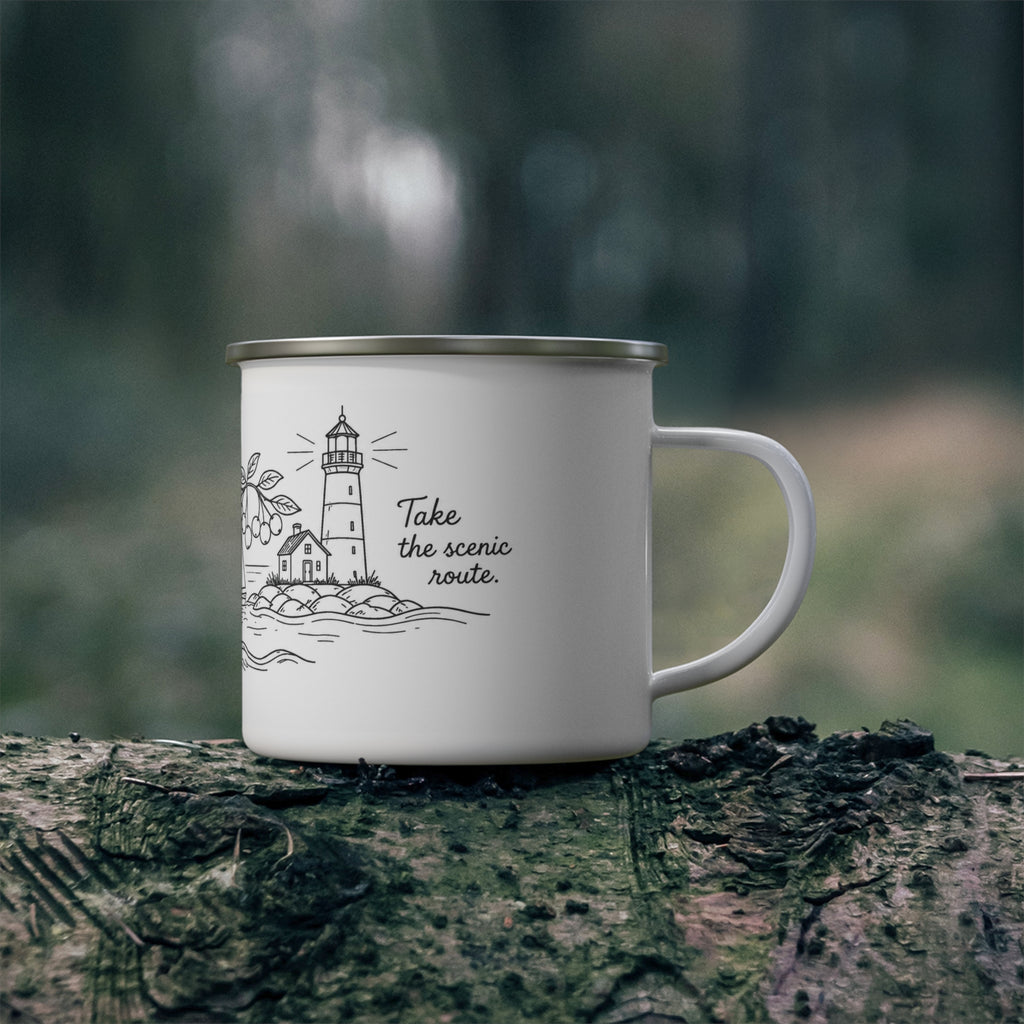 Enamel Camping Mug — 'Take the Scenic Route' Lighthouse Travel Coffee Cup