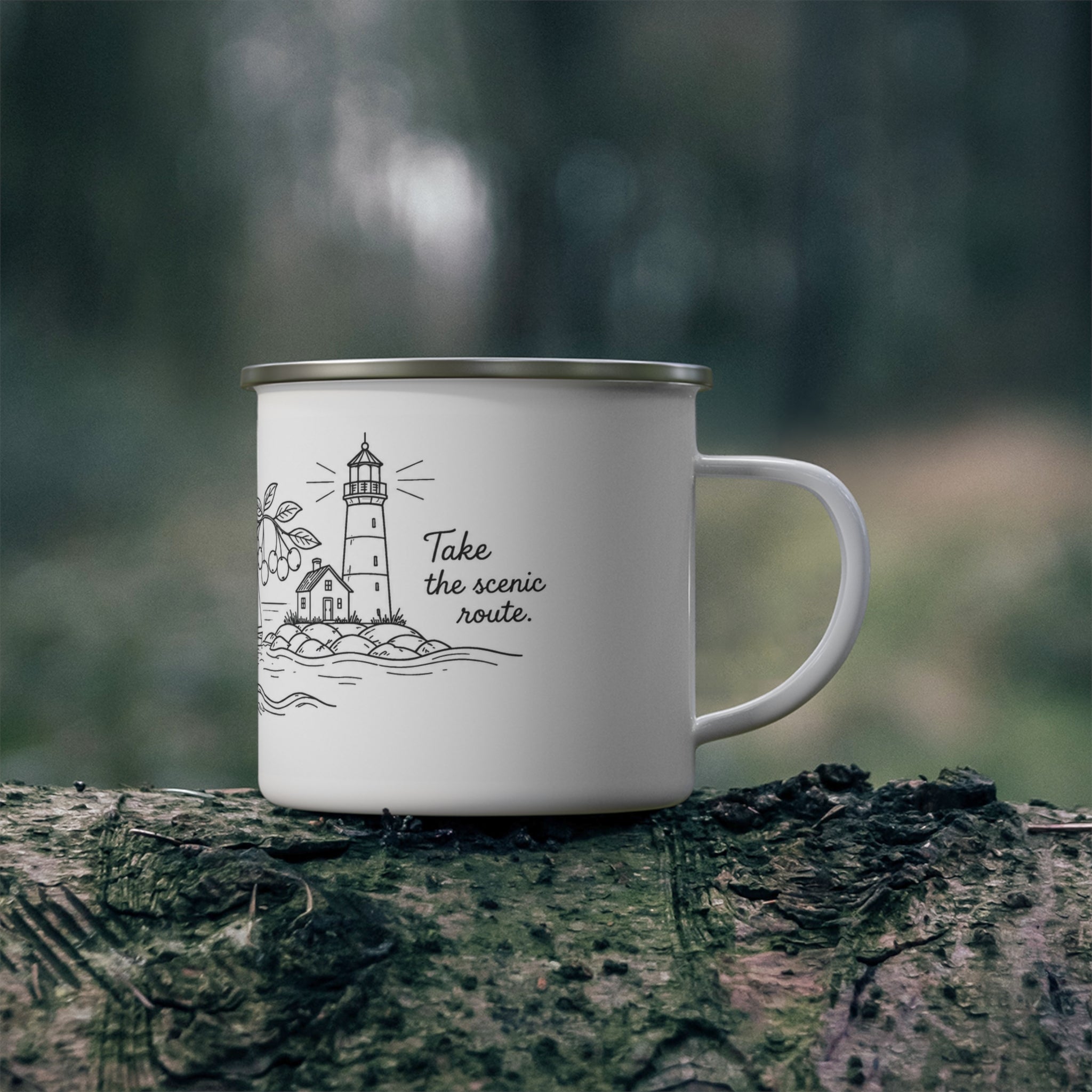 Enamel Camping Mug — 'Take the Scenic Route' Lighthouse Travel Coffee Cup