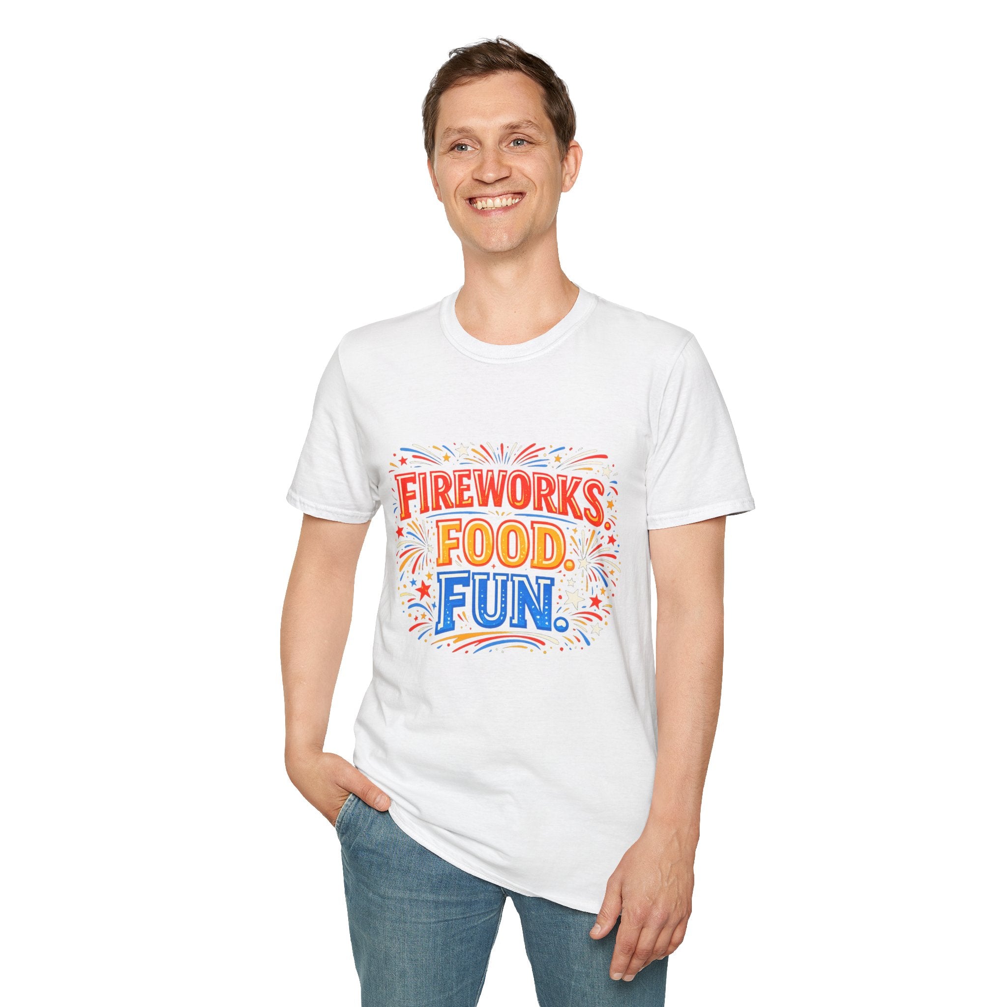 Fireworks, Food & Fun T-Shirt — 4th of July Celebration Tee