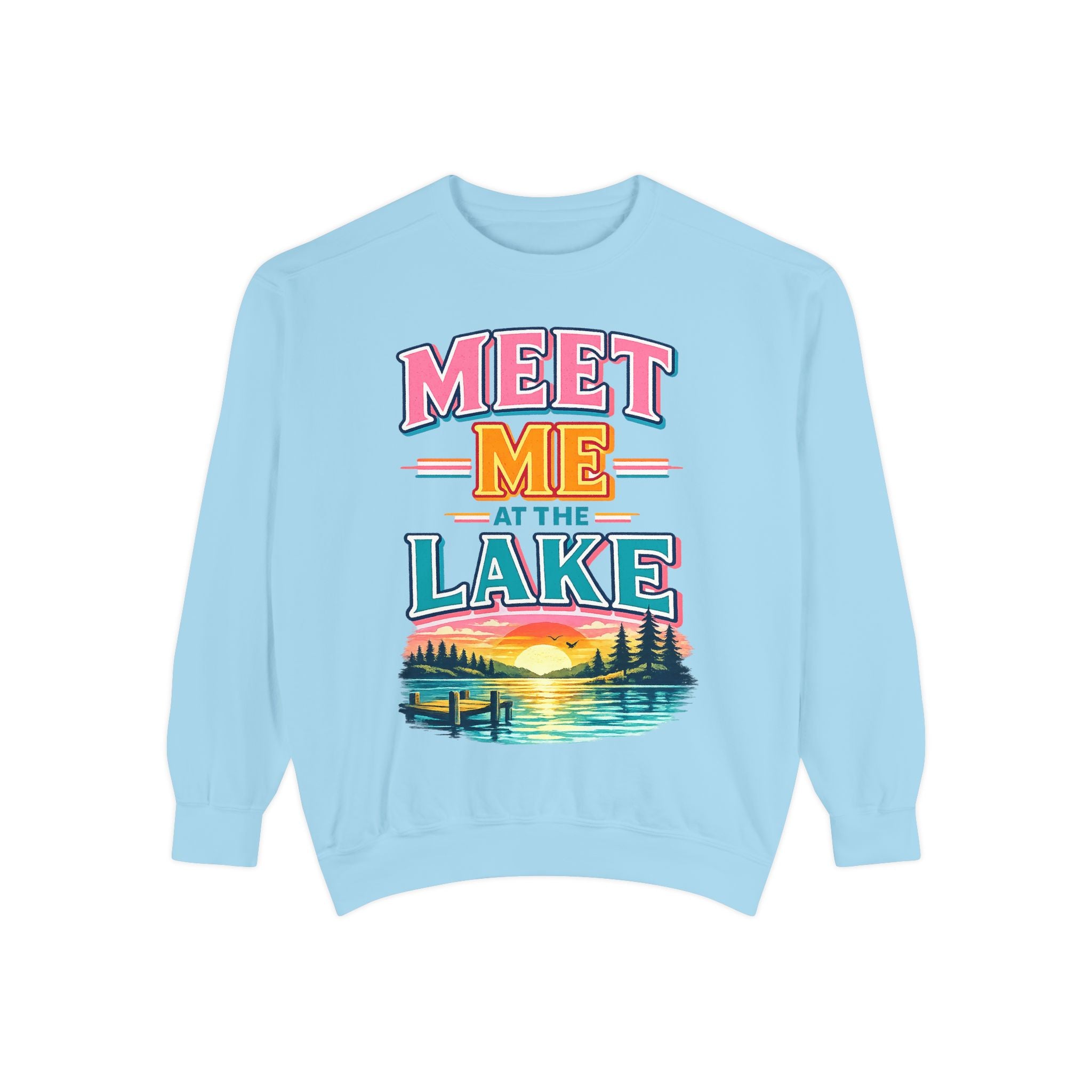 Meet Me at the Lake Sweatshirt — Cozy Retro Sunset Lake Crewneck