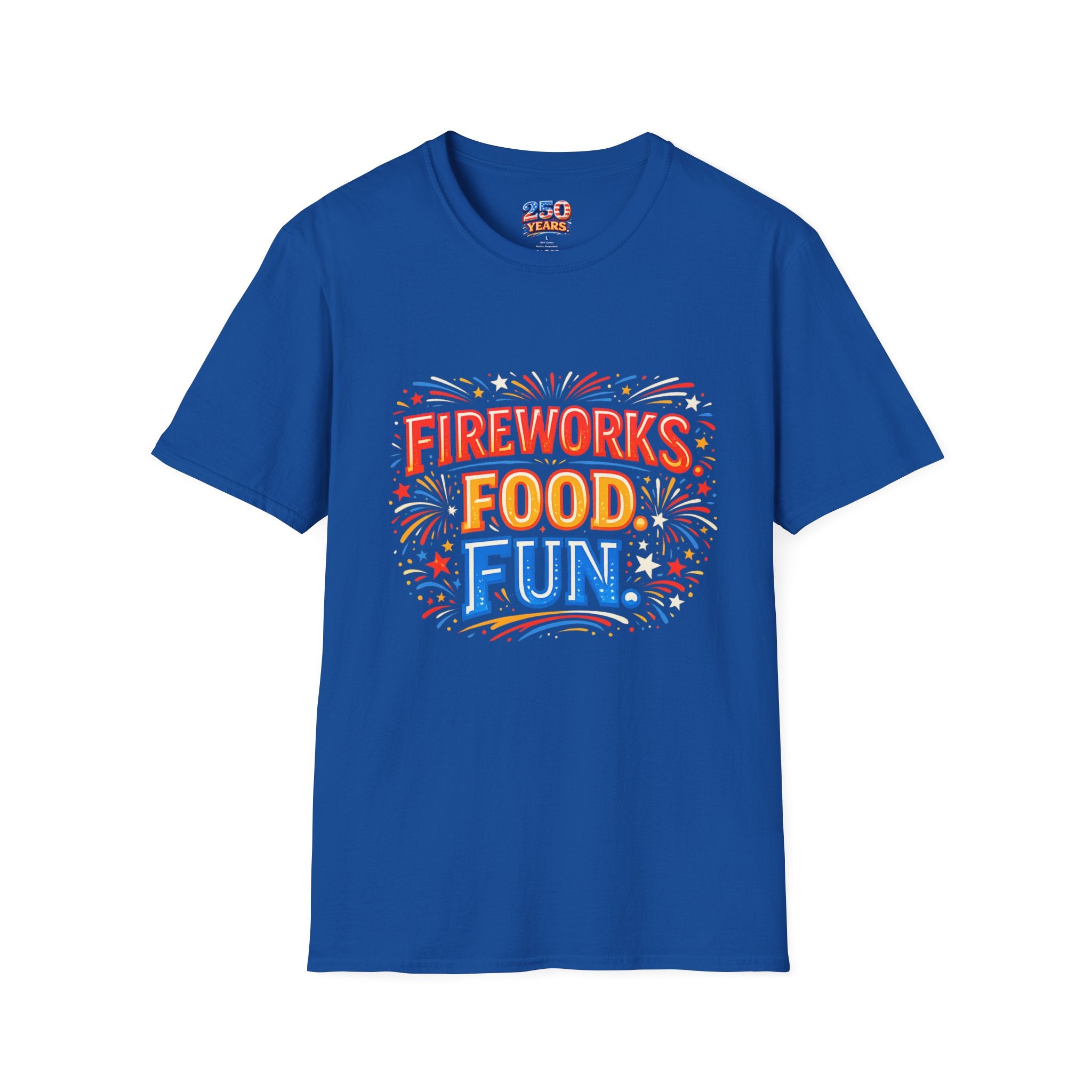 Fireworks, Food & Fun T-Shirt — 4th of July Celebration Tee