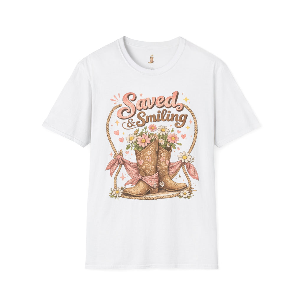 T-Shirt — "Saved & Smiling" Floral Cowboy Boots Christian Graphic Tee