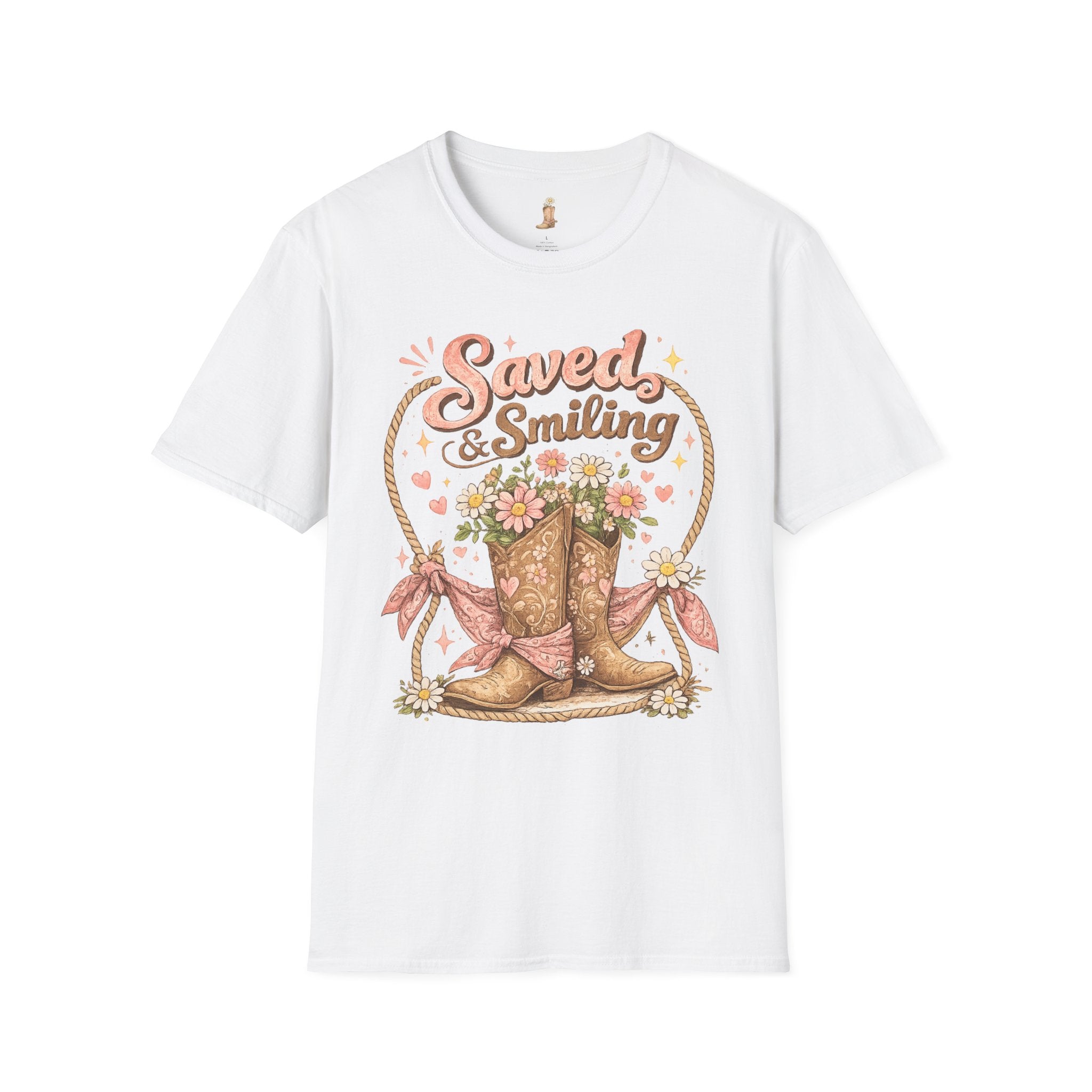 T-Shirt — "Saved & Smiling" Floral Cowboy Boots Christian Graphic Tee