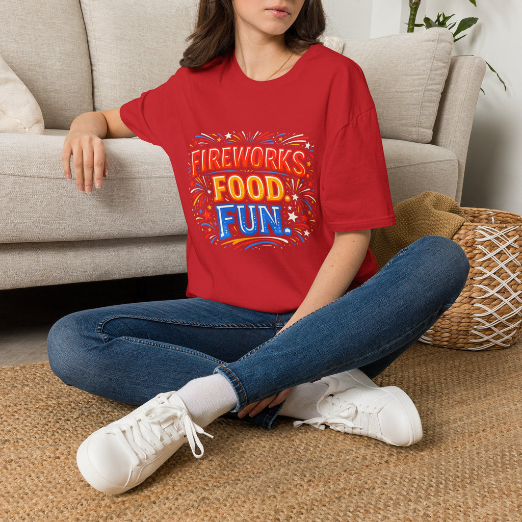 Fireworks, Food & Fun T-Shirt — 4th of July Celebration Tee