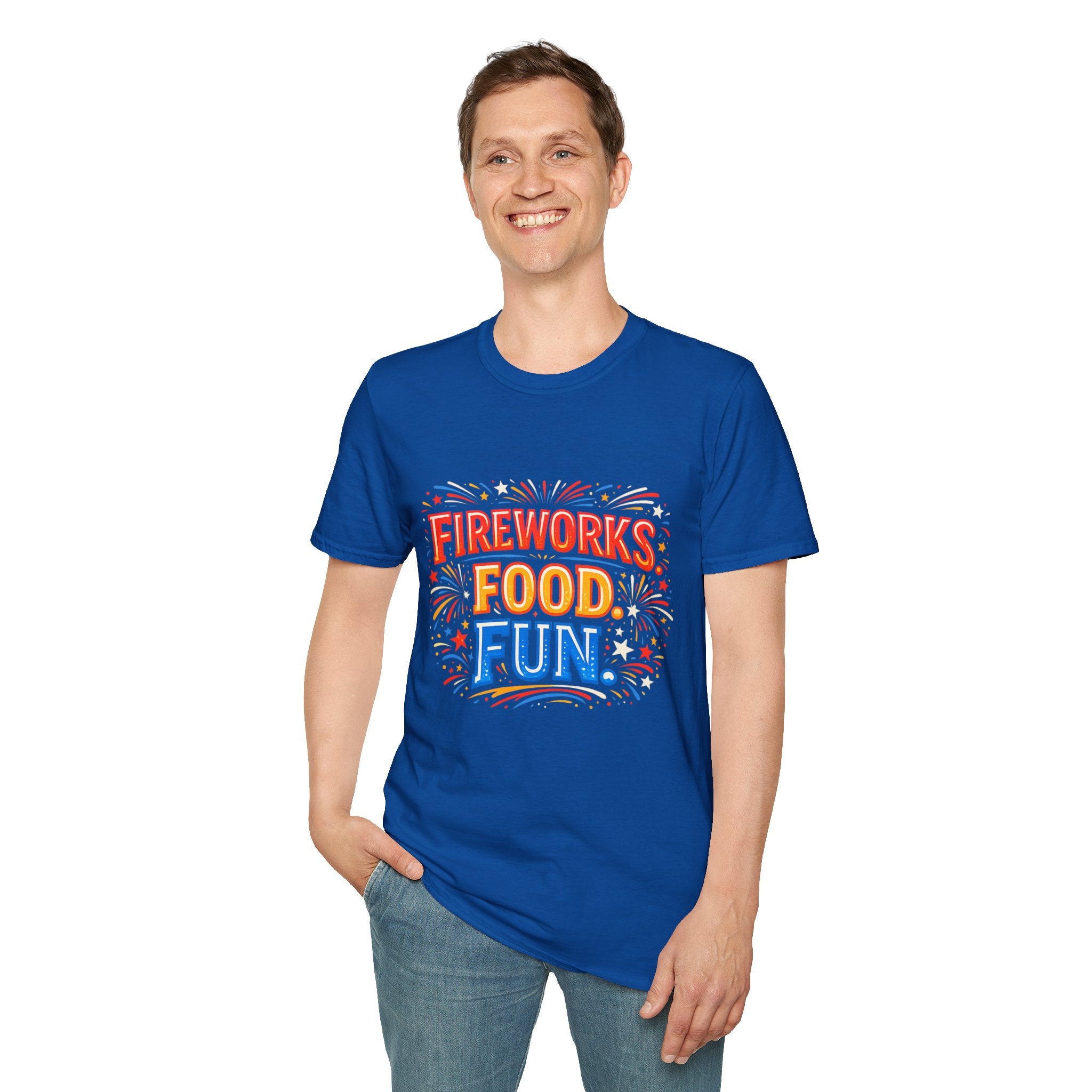 Fireworks, Food & Fun T-Shirt — 4th of July Celebration Tee