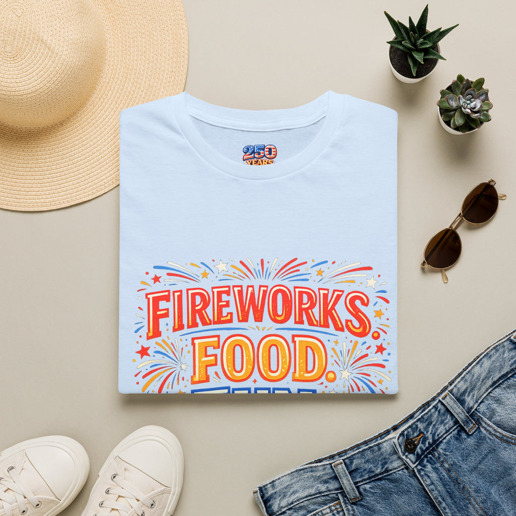 Fireworks, Food & Fun T-Shirt — 4th of July Celebration Tee