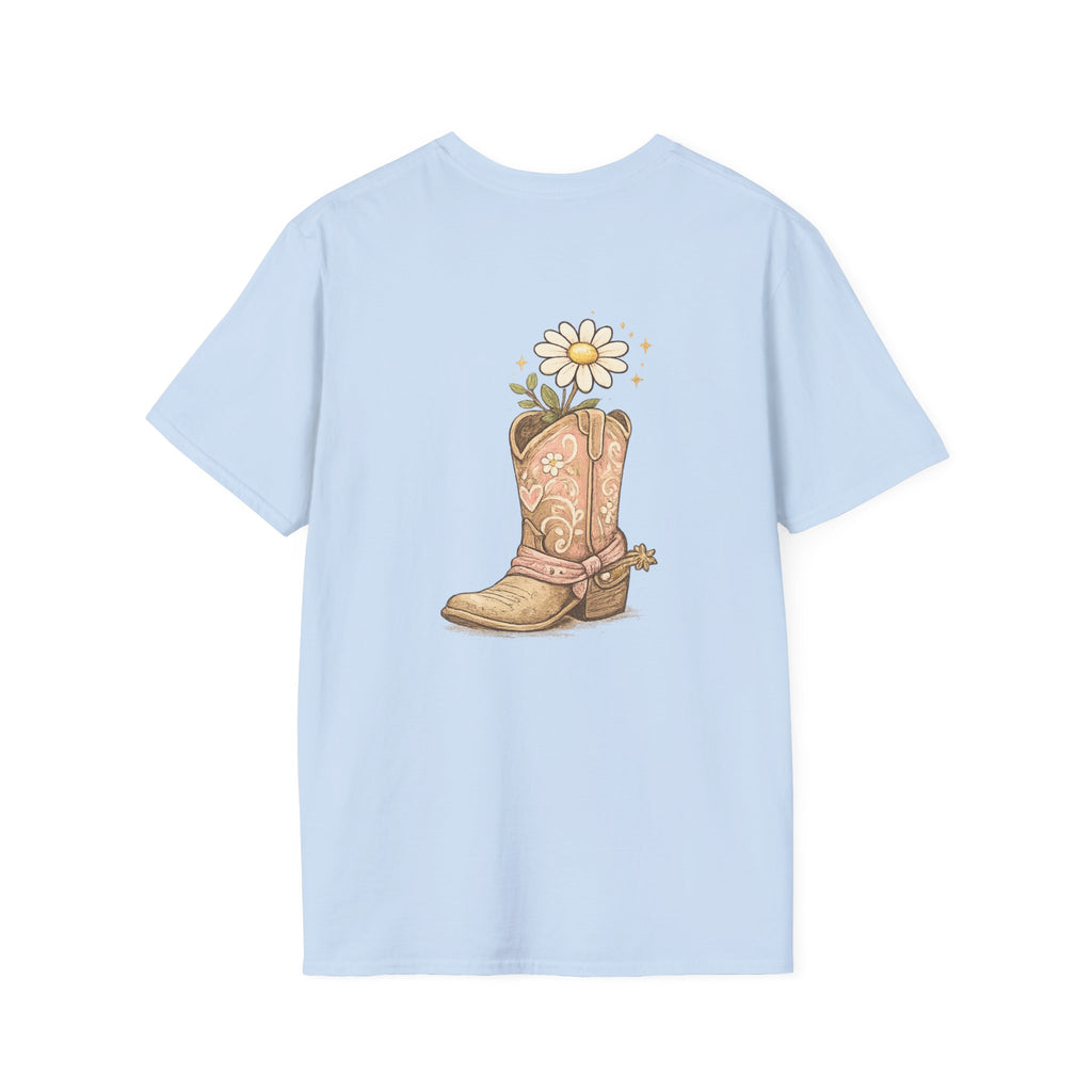 T-Shirt — "Saved & Smiling" Floral Cowboy Boots Christian Graphic Tee
