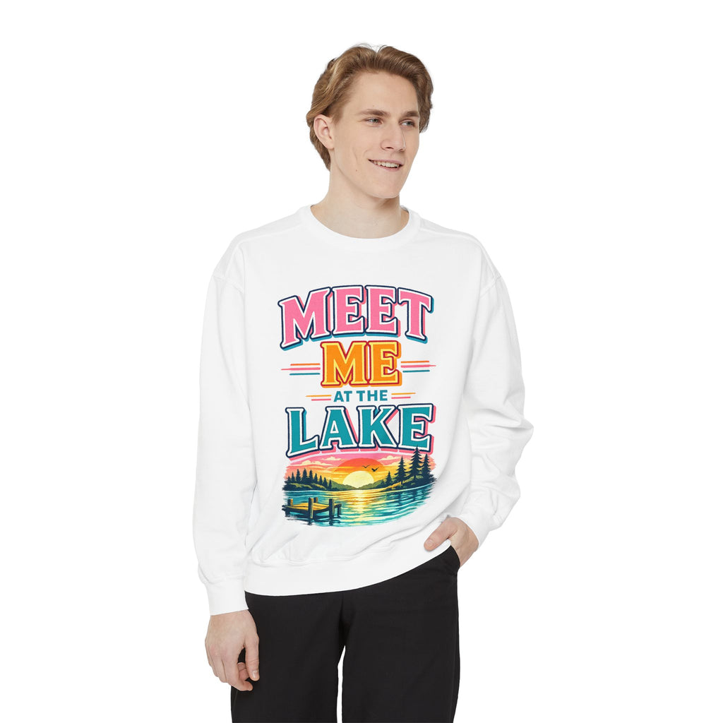 Meet Me at the Lake Sweatshirt — Cozy Retro Sunset Lake Crewneck