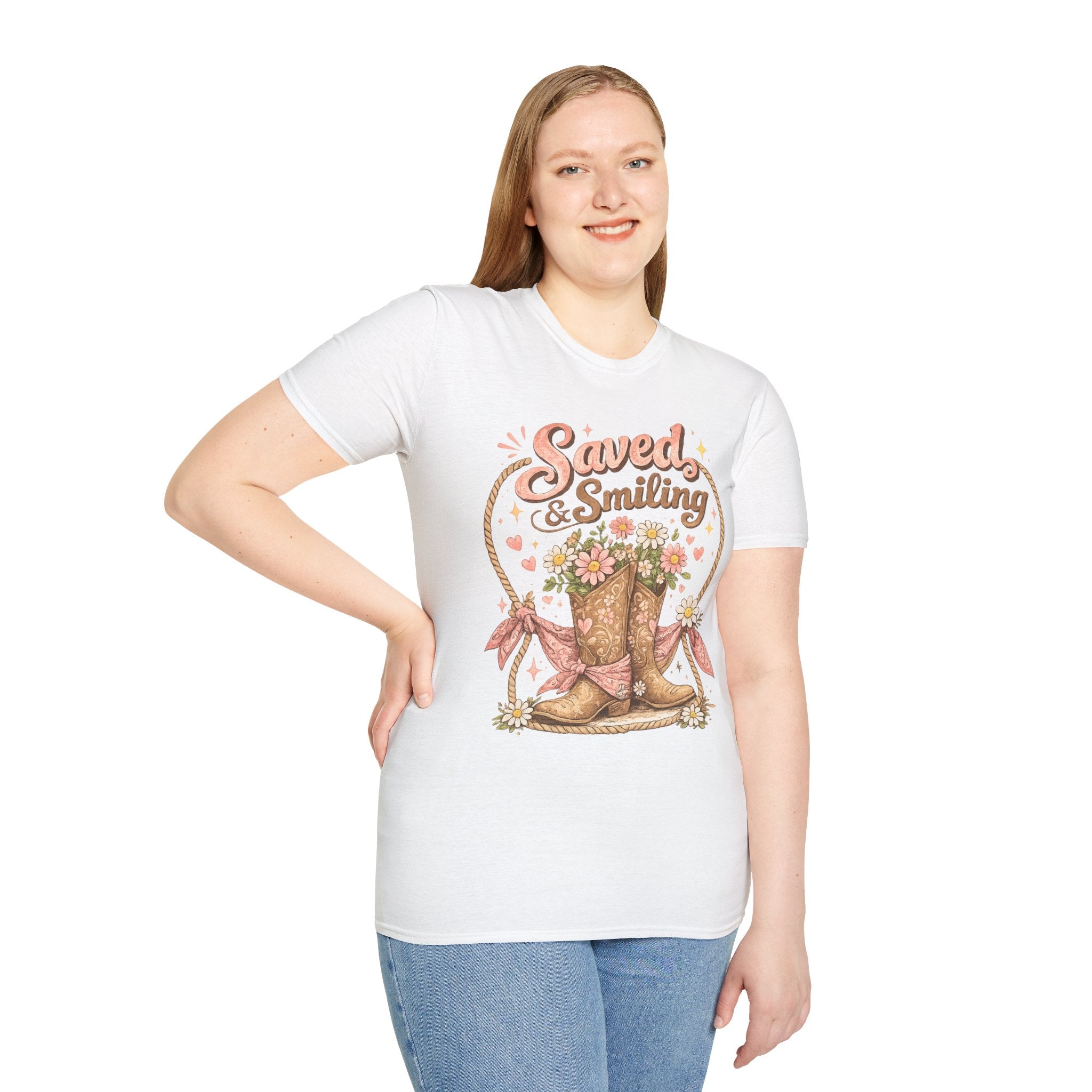 T-Shirt — "Saved & Smiling" Floral Cowboy Boots Christian Graphic Tee