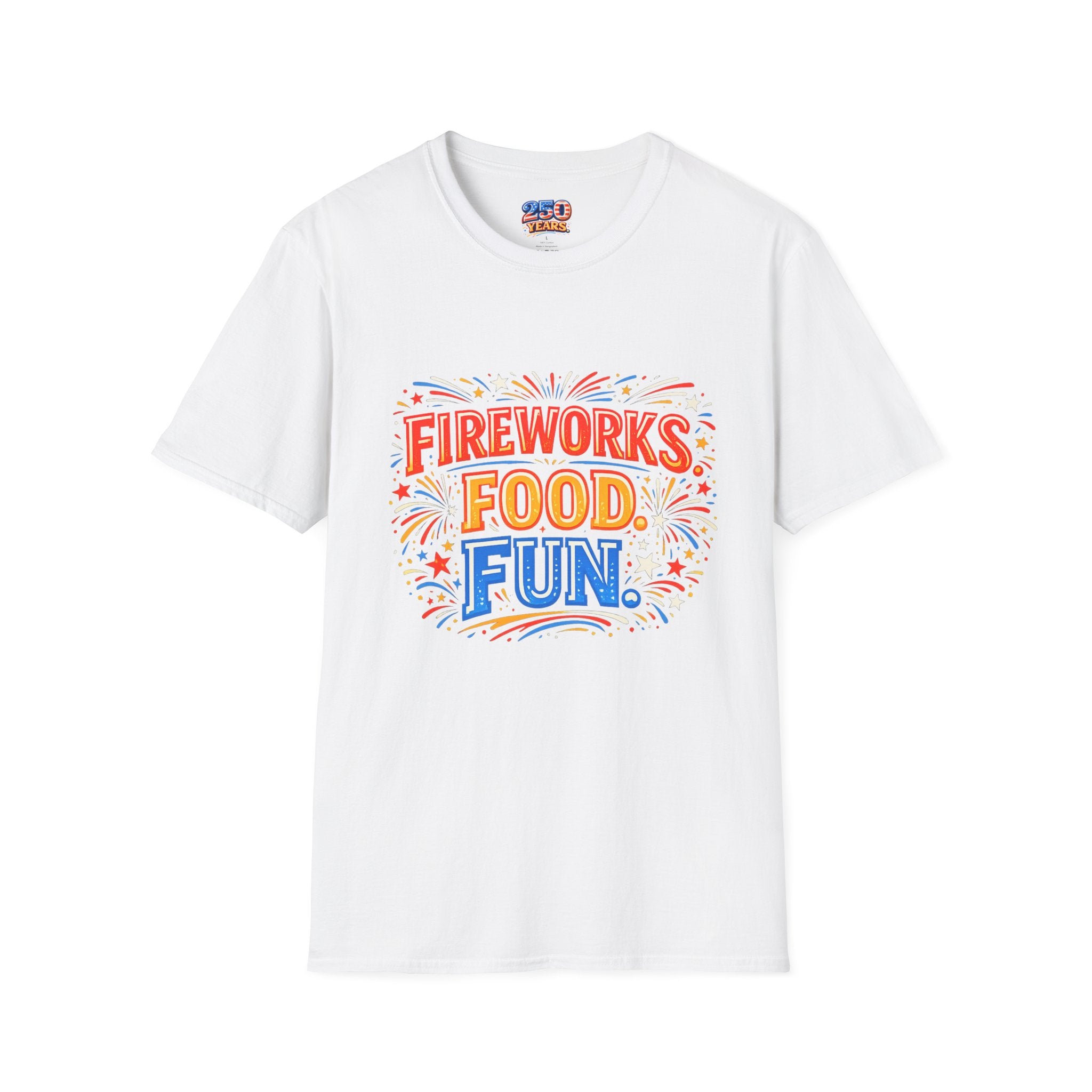 Fireworks, Food & Fun T-Shirt — 4th of July Celebration Tee