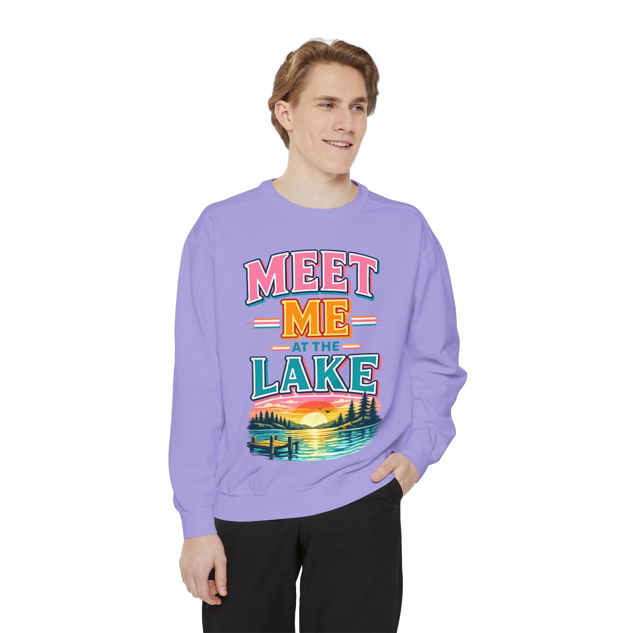 Meet Me at the Lake Sweatshirt — Cozy Retro Sunset Lake Crewneck