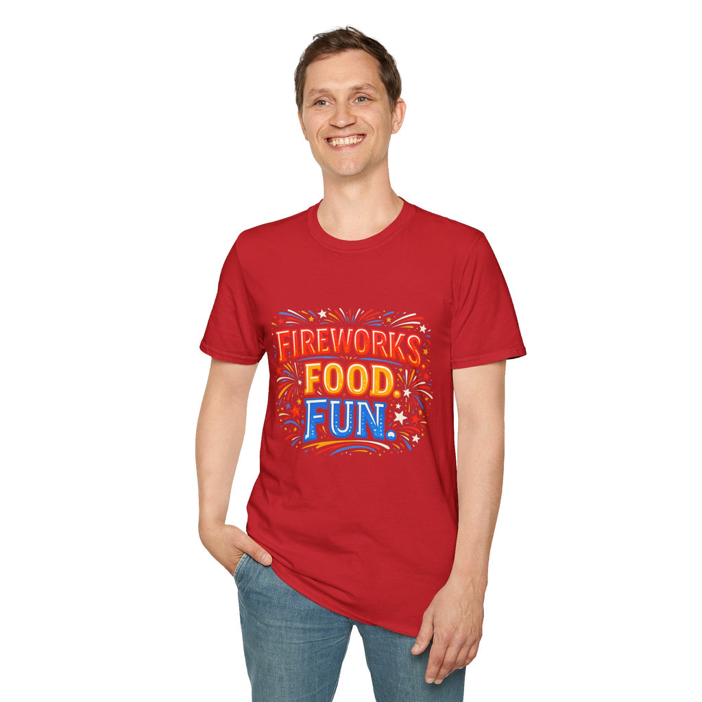 Fireworks, Food & Fun T-Shirt — 4th of July Celebration Tee