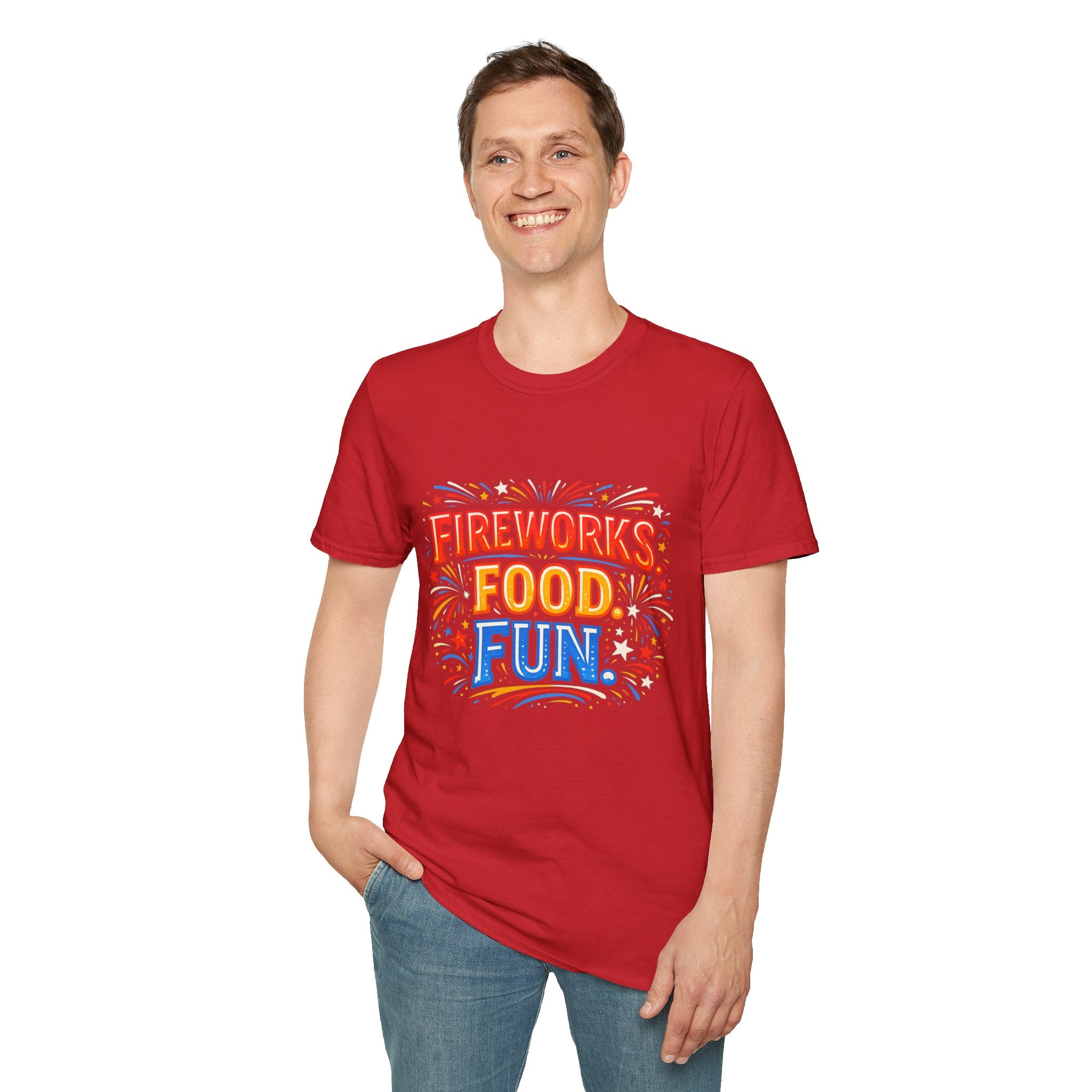 Fireworks, Food & Fun T-Shirt — 4th of July Celebration Tee
