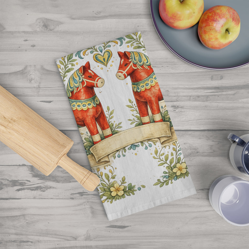 Scandinavian Dala Horse Tea Towel – Rustic Folk Art Kitchen Linen